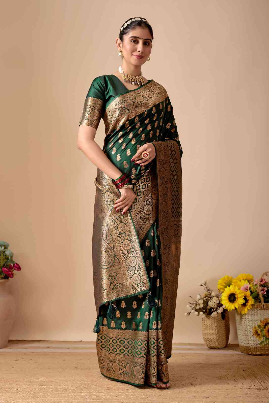 Tulip Banarasi Silk Saree in Bottle Green
