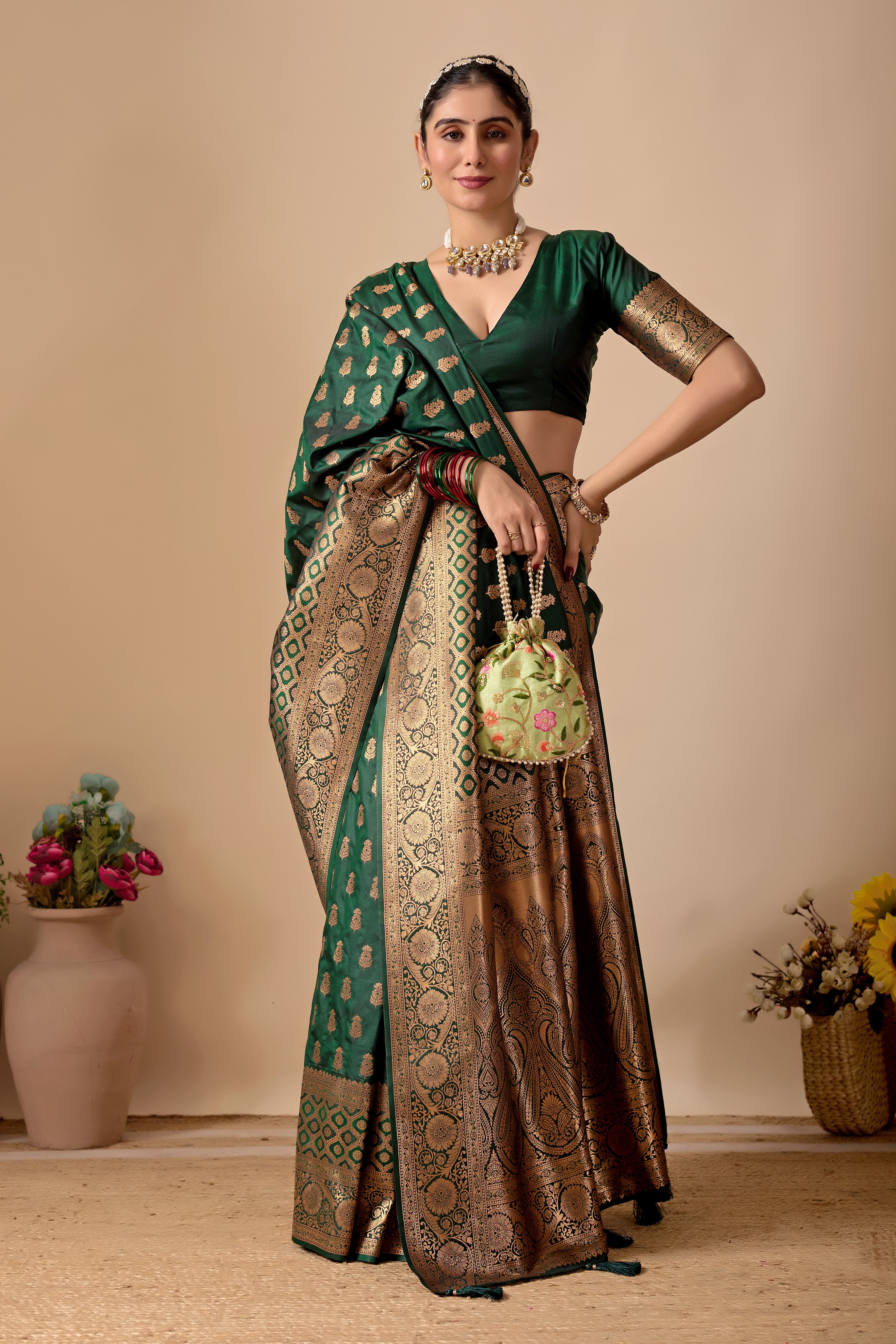 Tulip Banarasi Silk Saree in Bottle Green