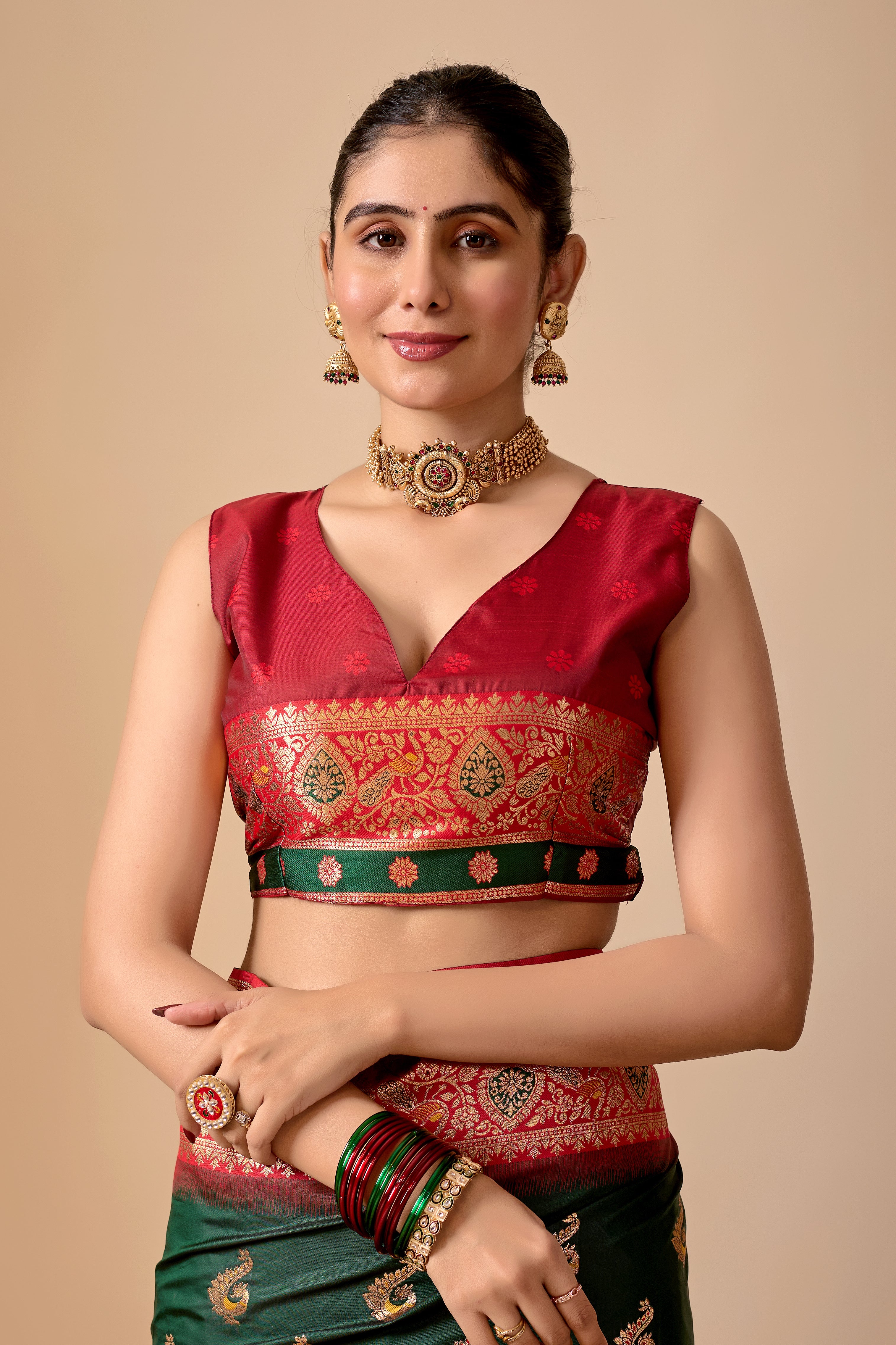 Aakshi Banarasi Silk Saree in Bottle Green & Red Contrast