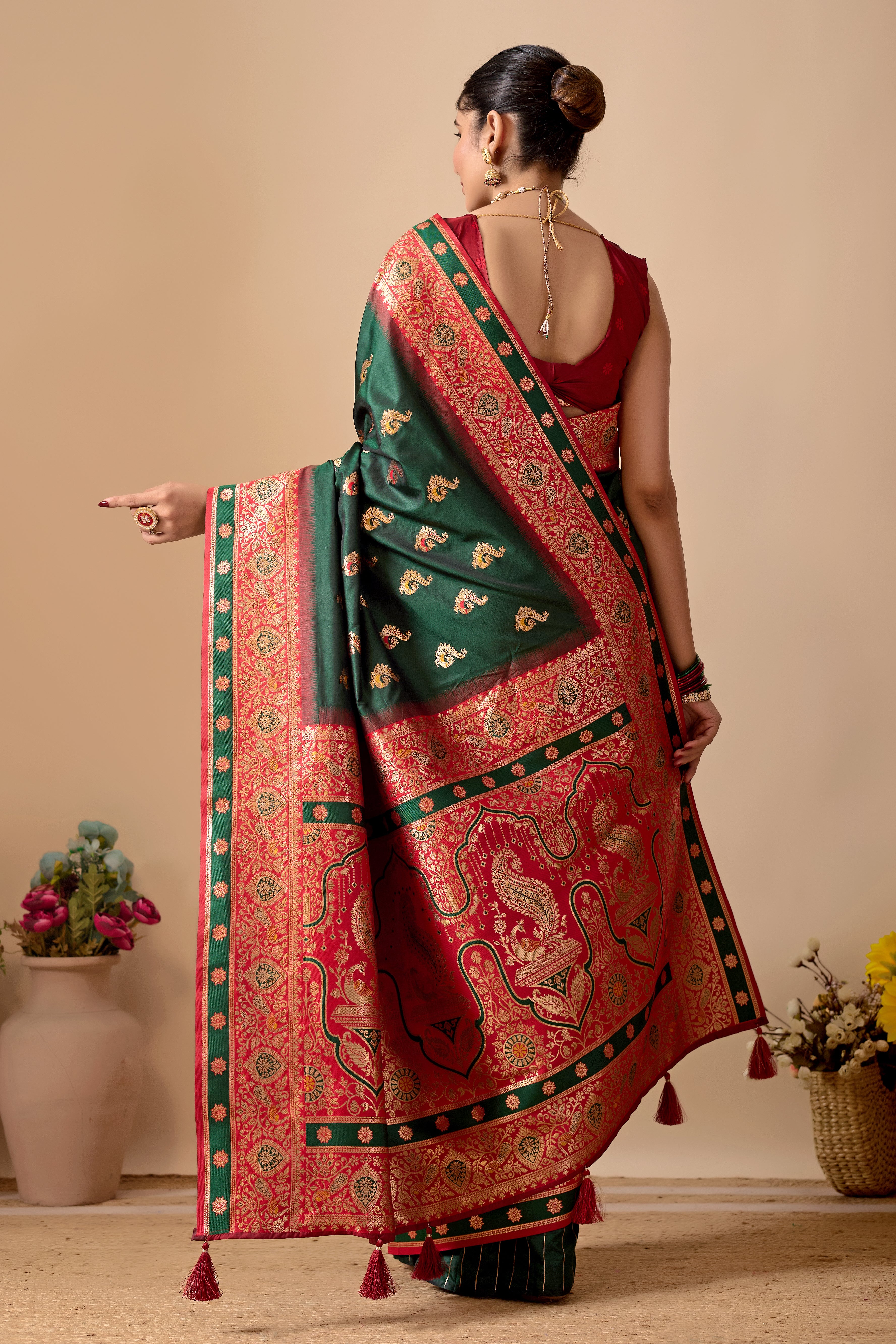 Aakshi Banarasi Silk Saree in Bottle Green & Red Contrast