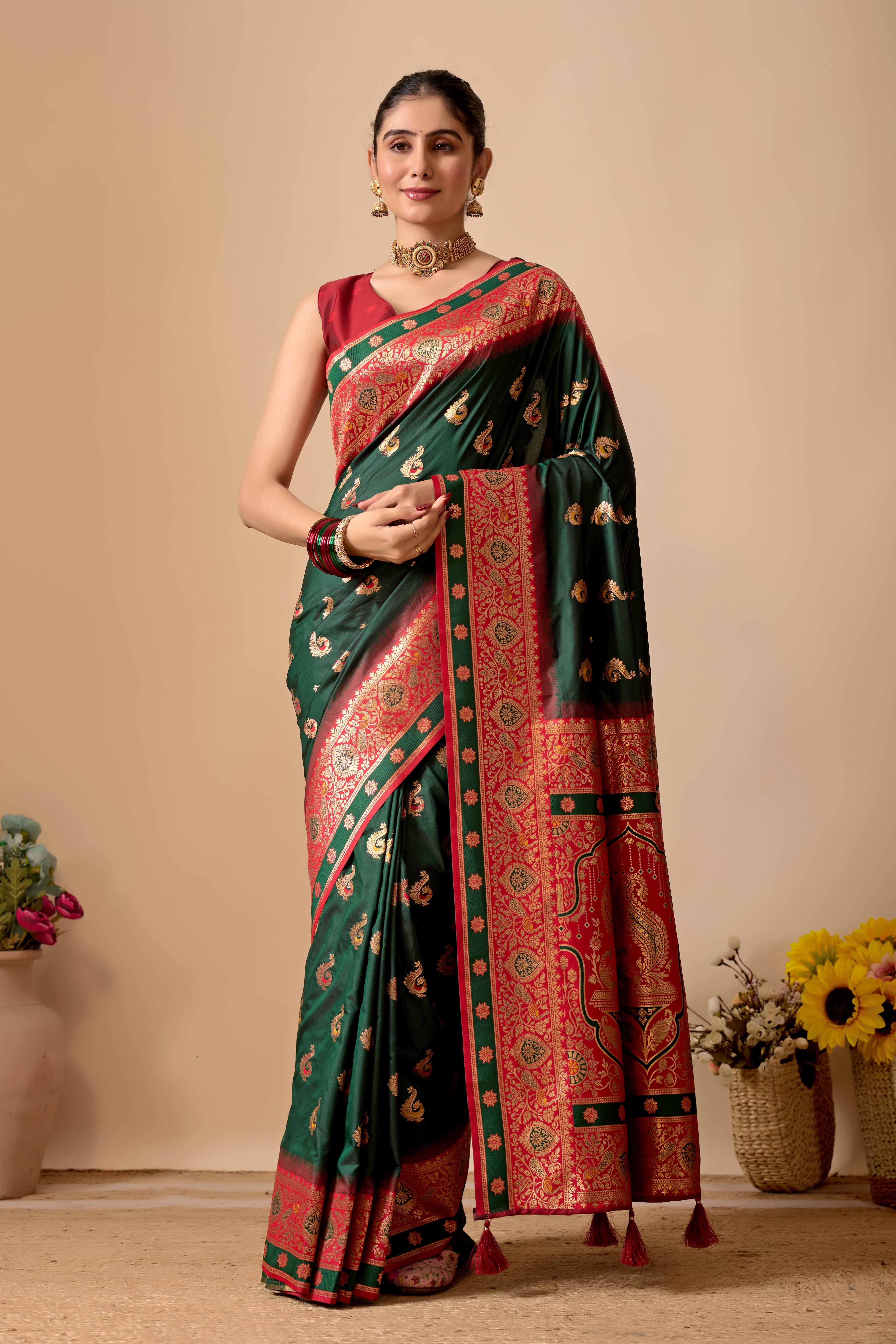 Aakshi Banarasi Silk Saree in Bottle Green & Red Contrast