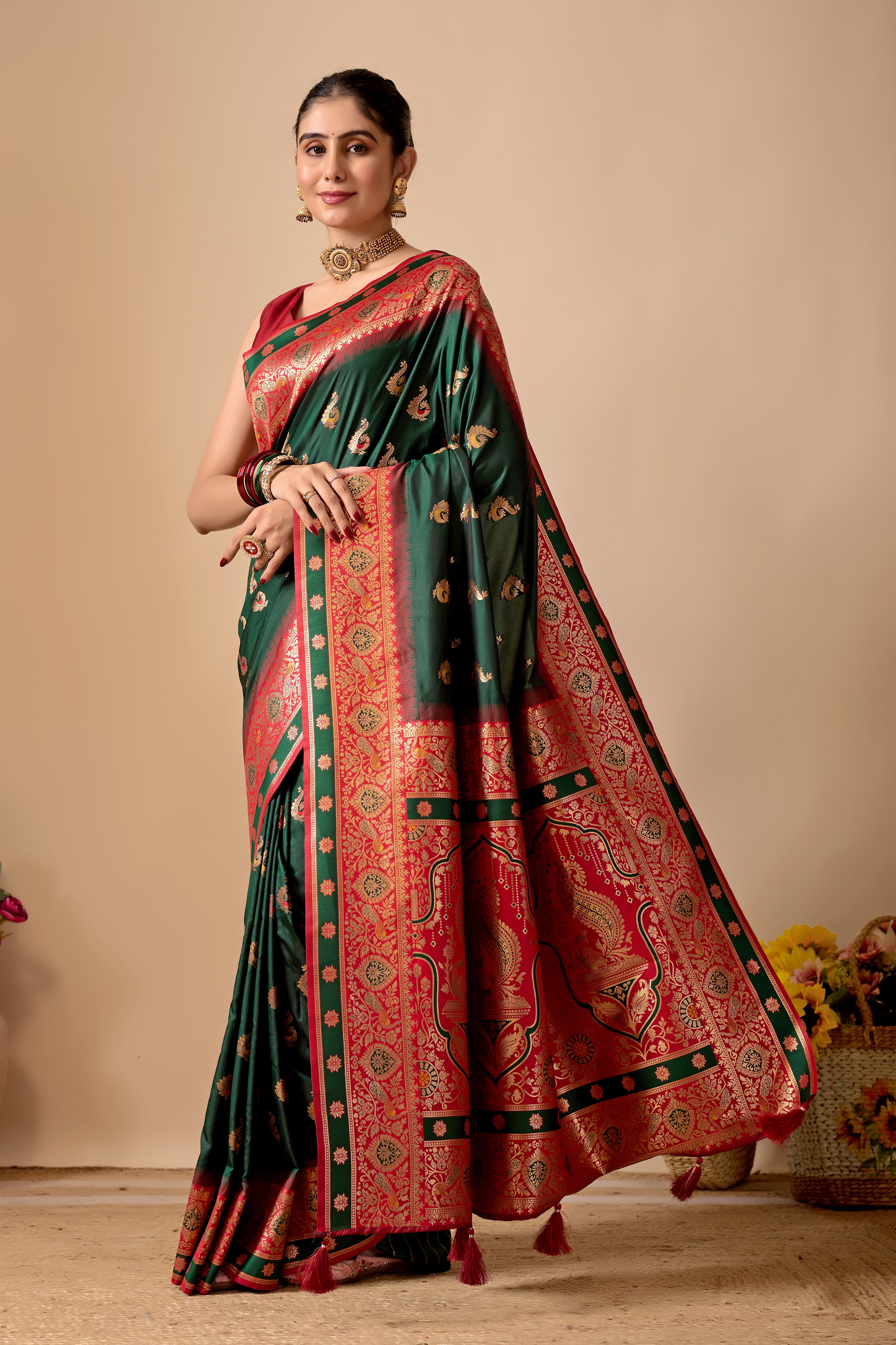 Aakshi Banarasi Silk Saree in Bottle Green & Red Contrast