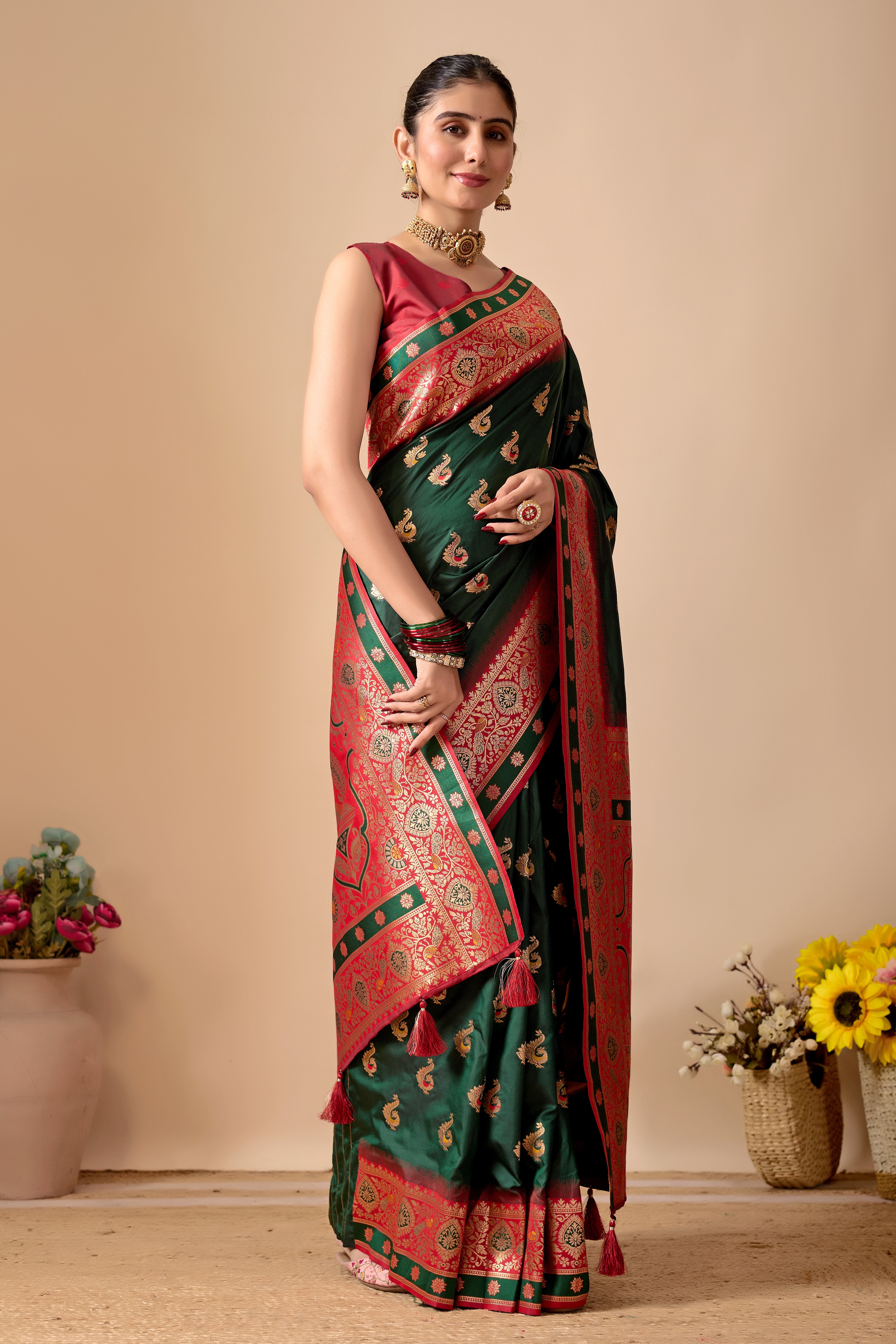 Aakshi Banarasi Silk Saree in Bottle Green & Red Contrast