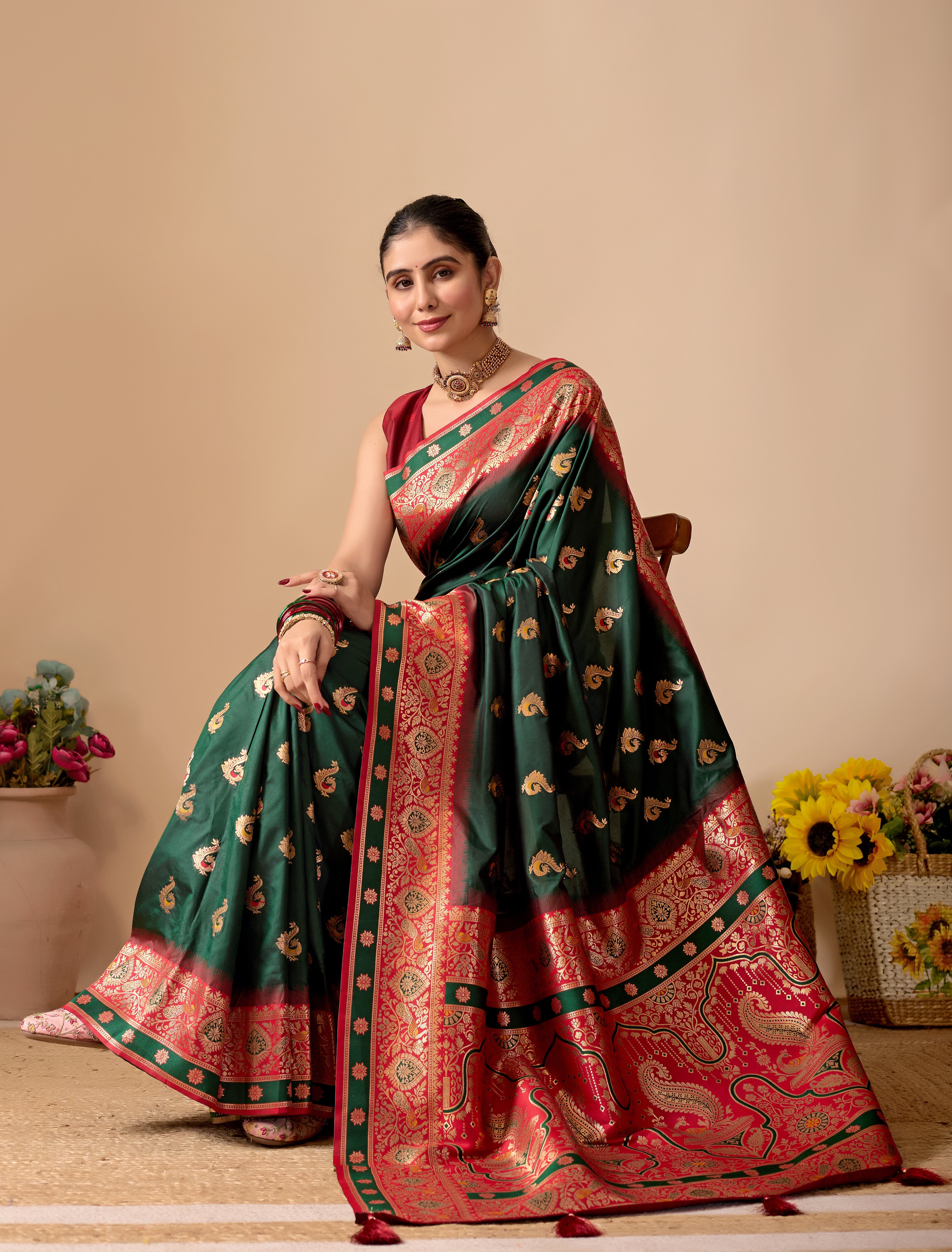 Aakshi Banarasi Silk Saree in Bottle Green & Red Contrast