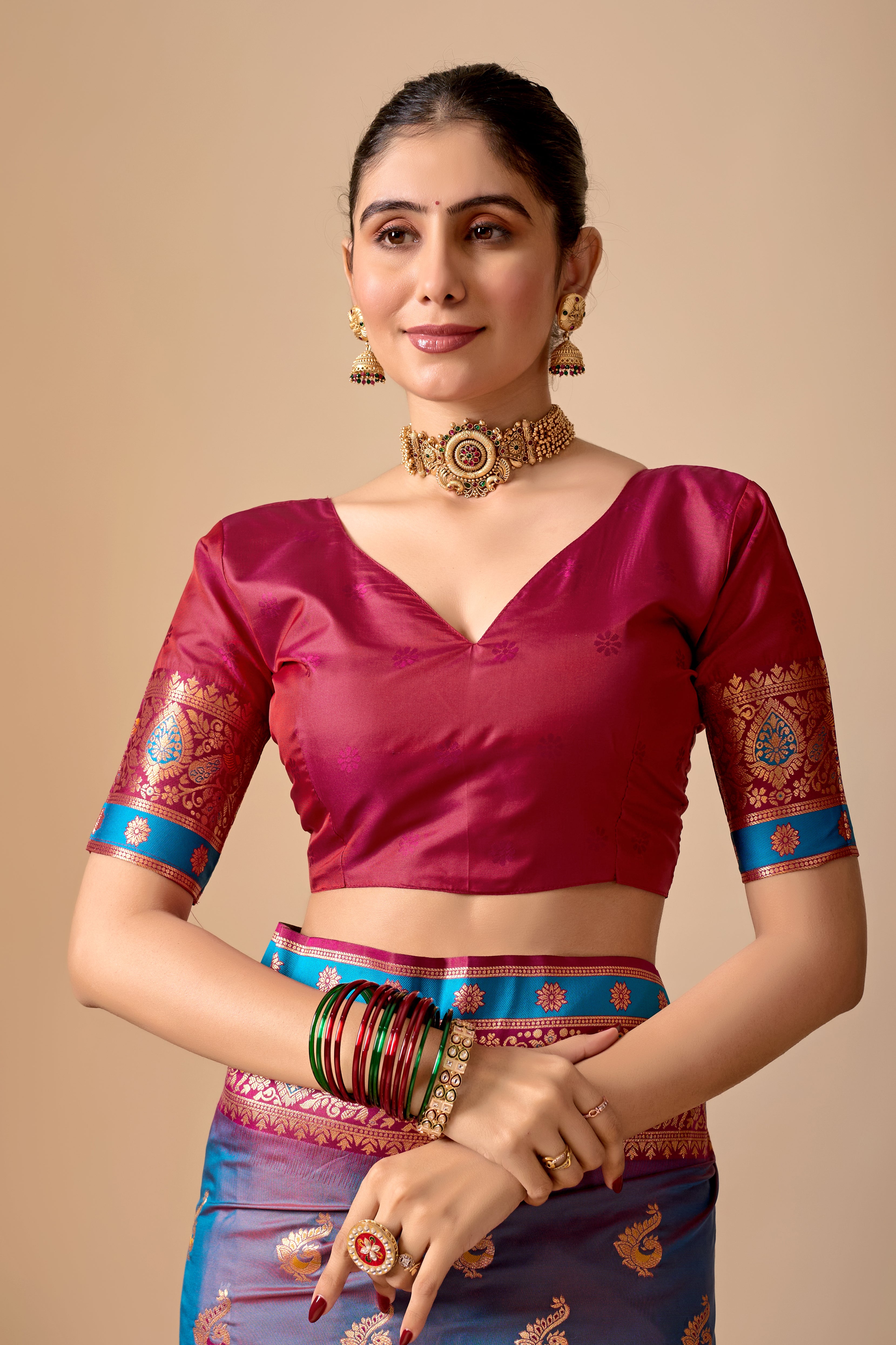 Aakshi Banarasi Silk Saree in Dusty Rama & Wine Contrast