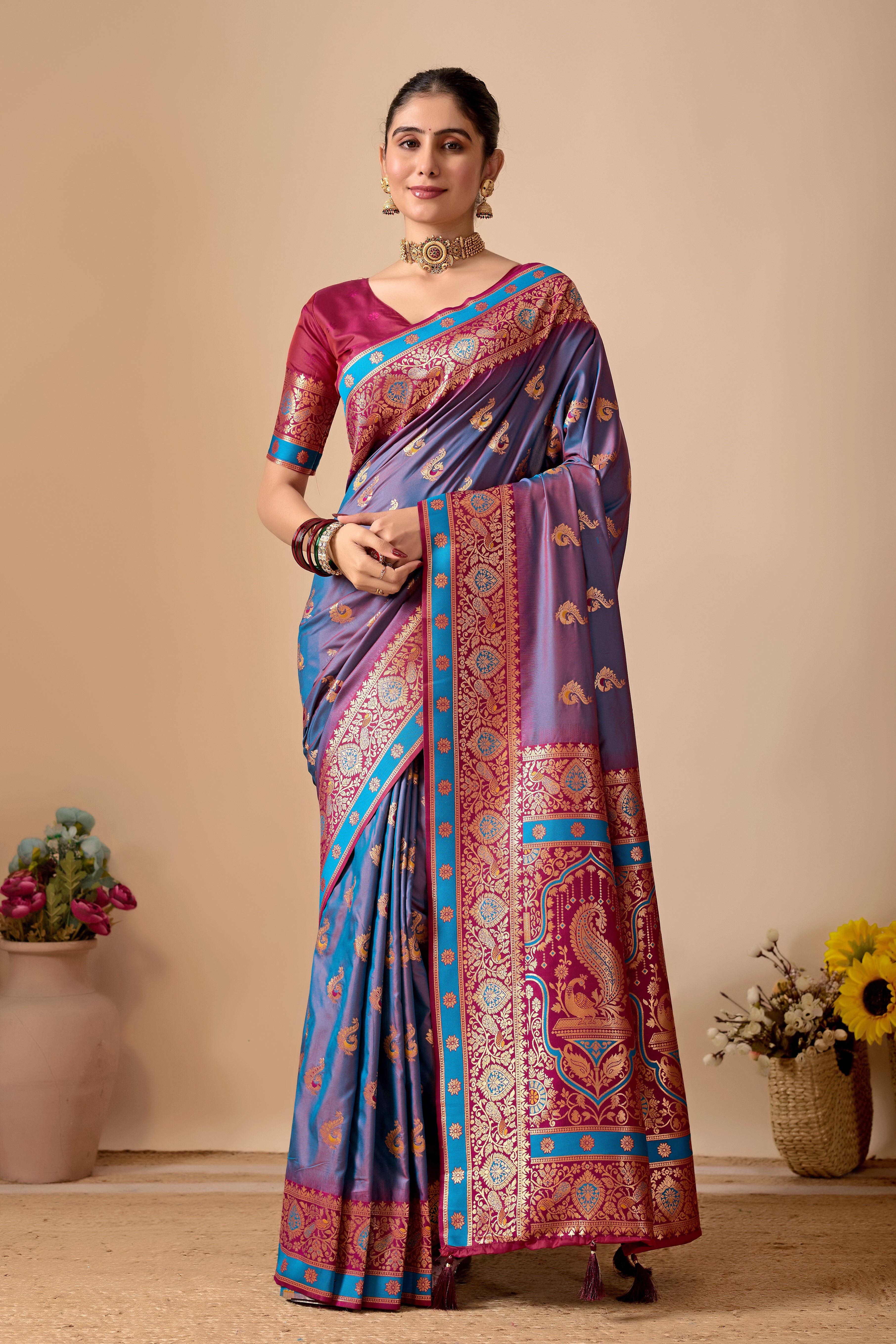 Aakshi Banarasi Silk Saree in Dusty Rama & Wine Contrast