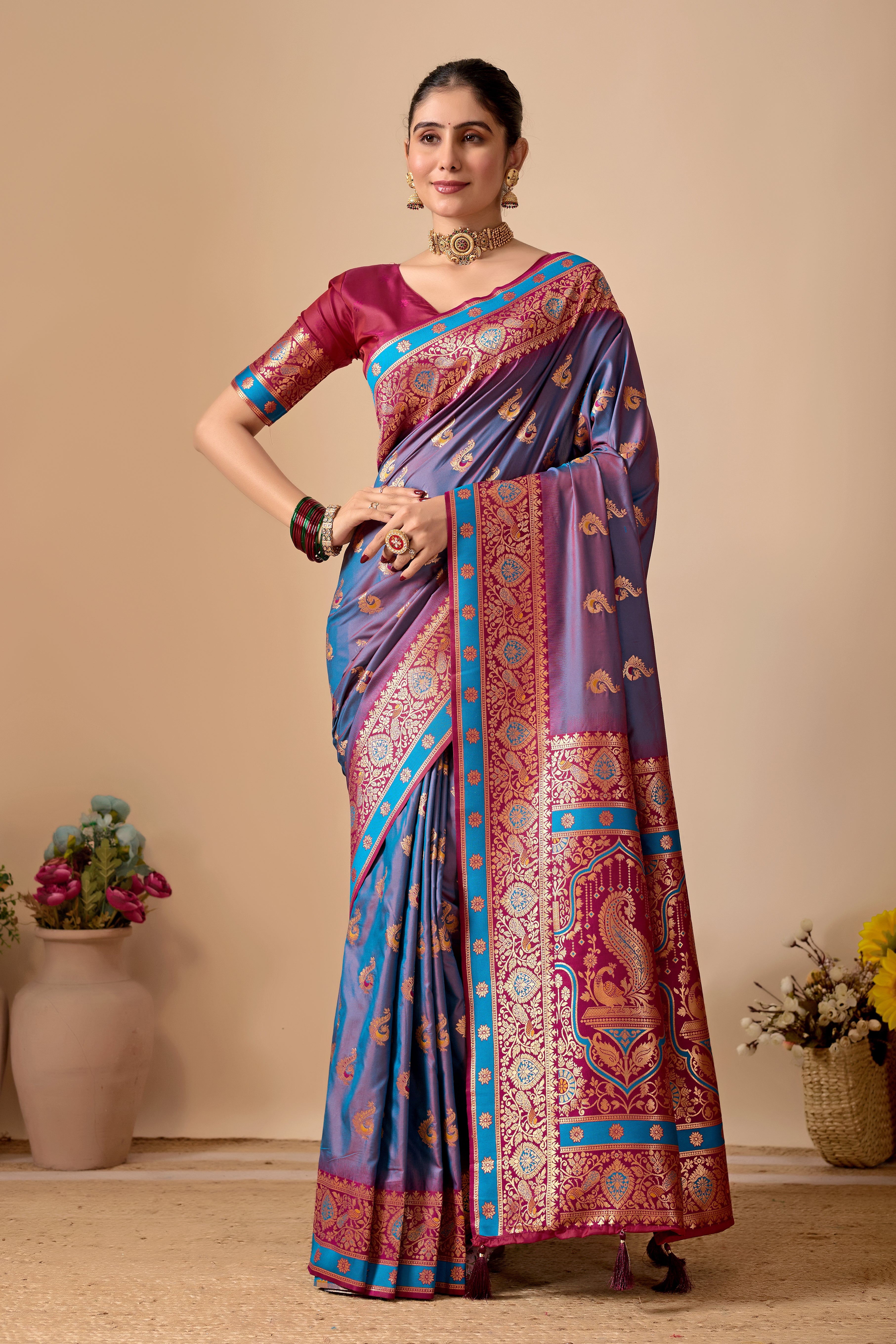 Aakshi Banarasi Silk Saree in Dusty Rama & Wine Contrast