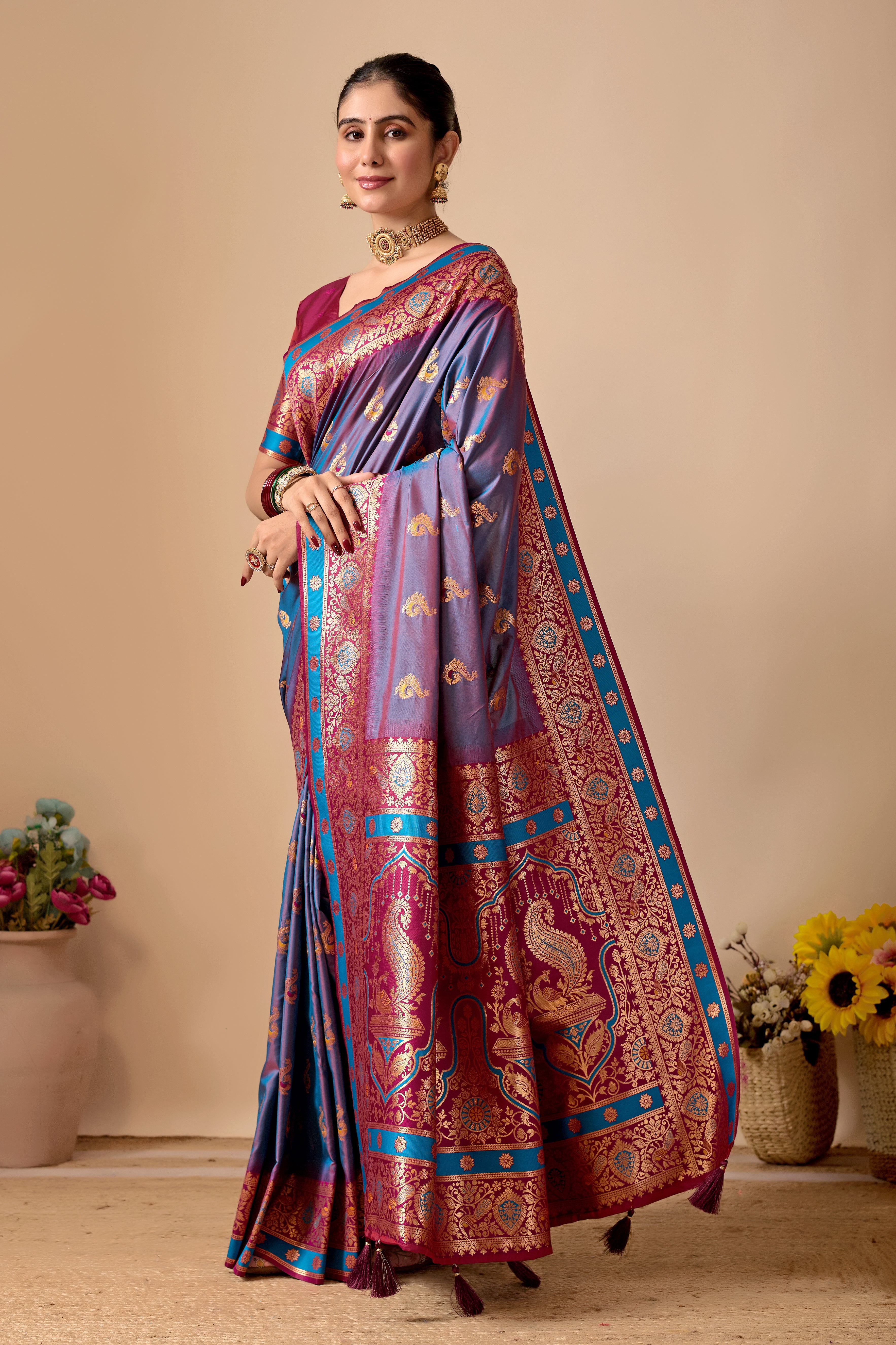 Aakshi Banarasi Silk Saree in Dusty Rama & Wine Contrast