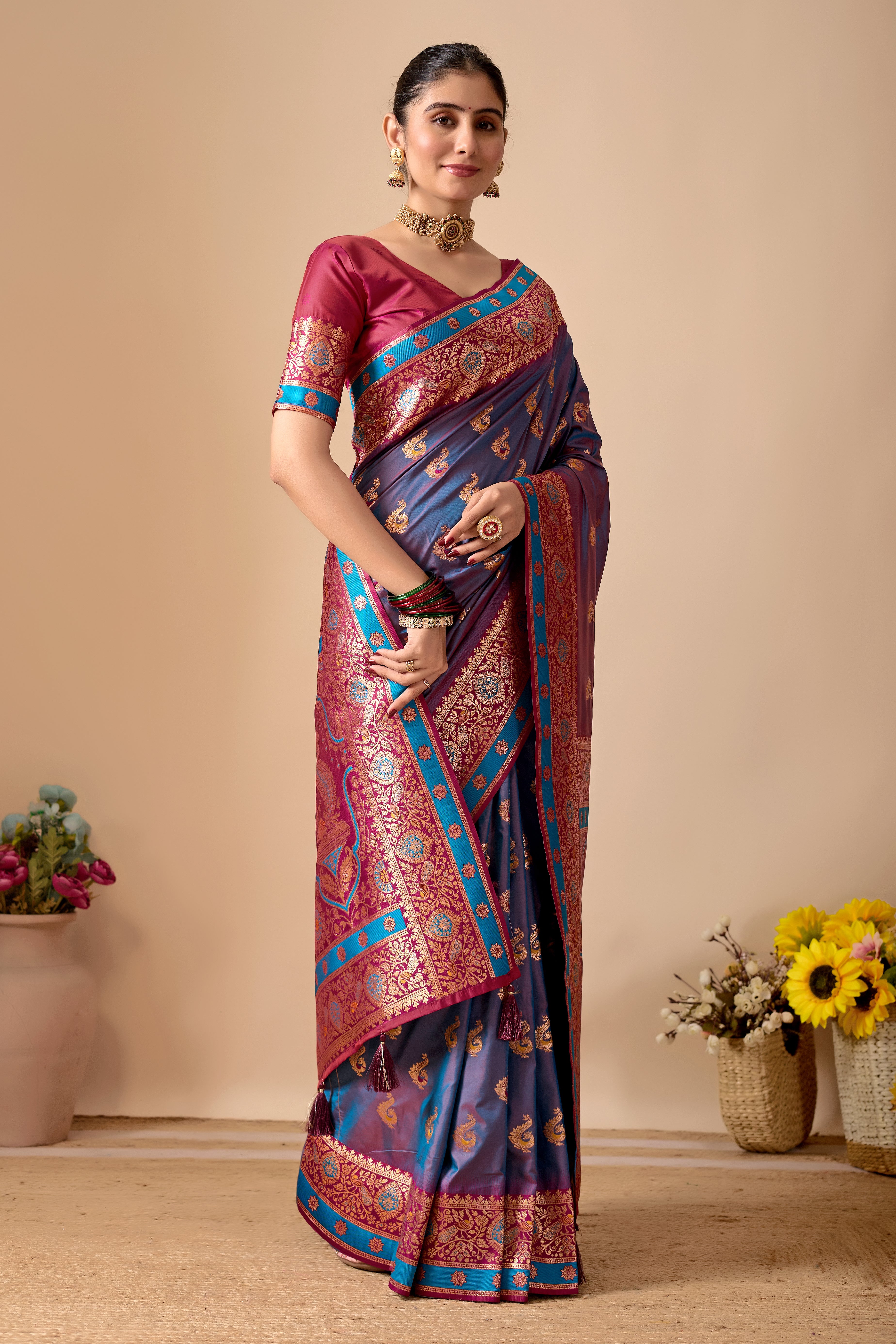 Aakshi Banarasi Silk Saree in Dusty Rama & Wine Contrast