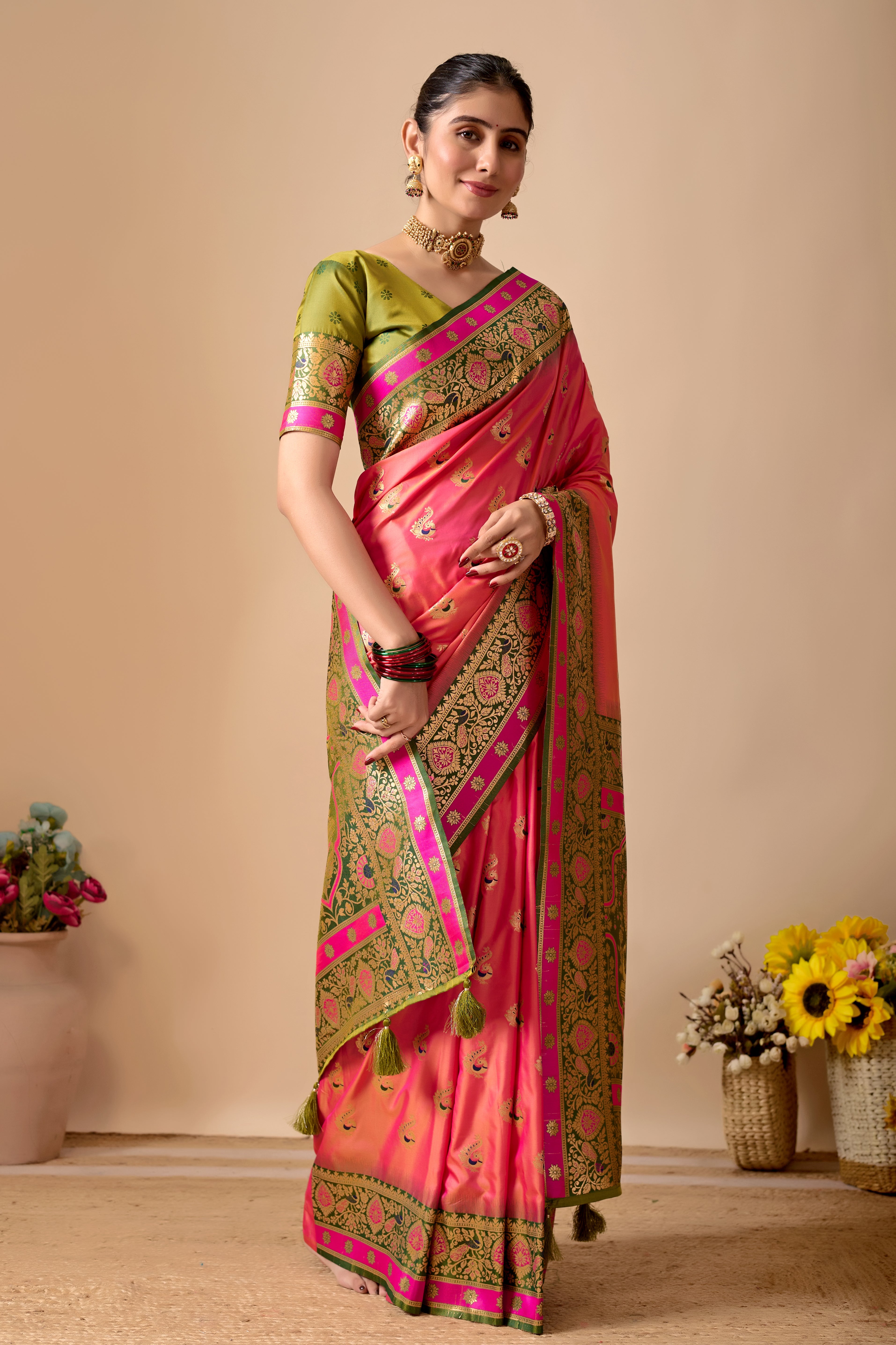 Aakshi Banarasi Silk Saree in Pink & Mehendi Contrast