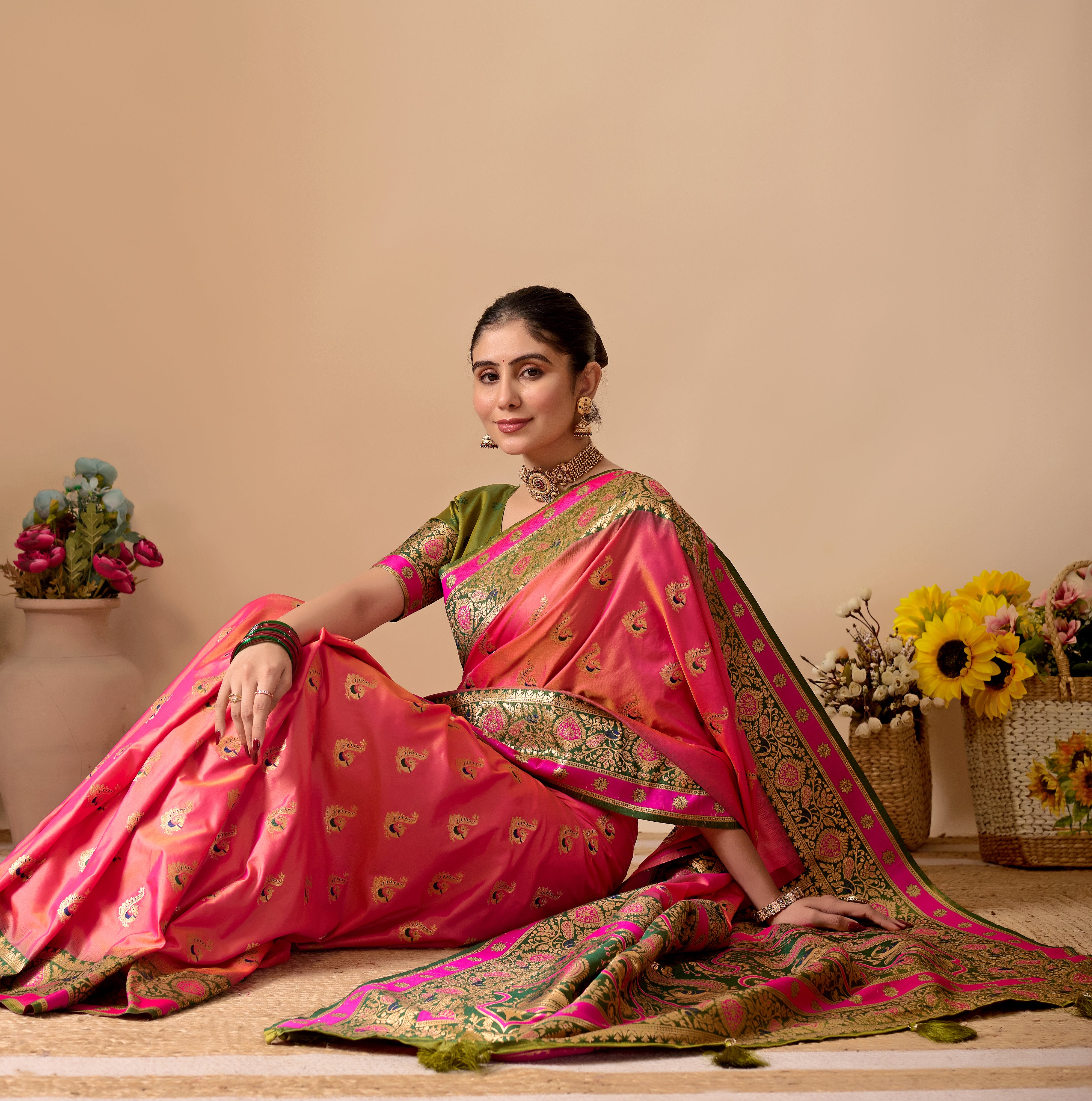 Aakshi Banarasi Silk Saree in Pink & Mehendi Contrast