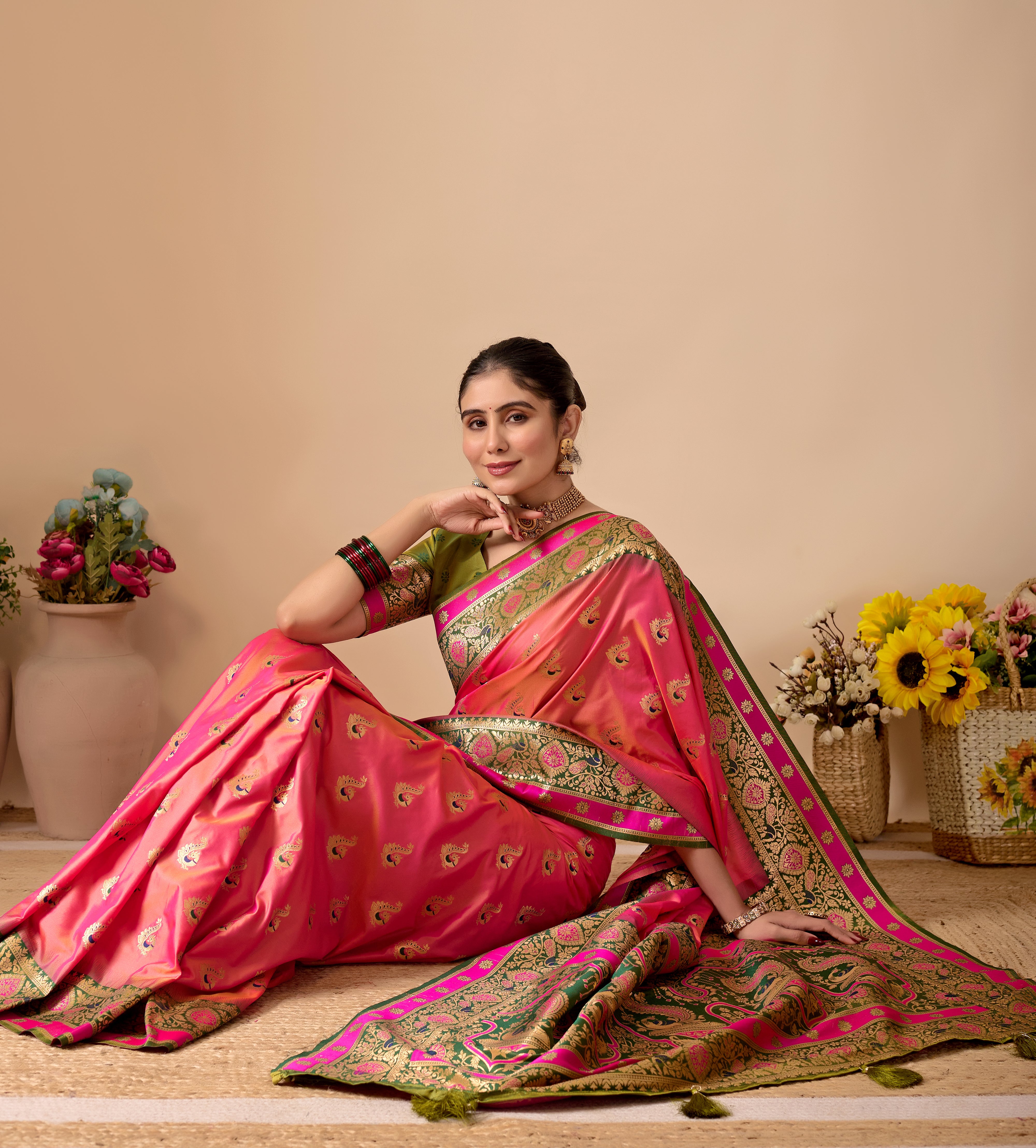 Aakshi Banarasi Silk Saree in Pink & Mehendi Contrast