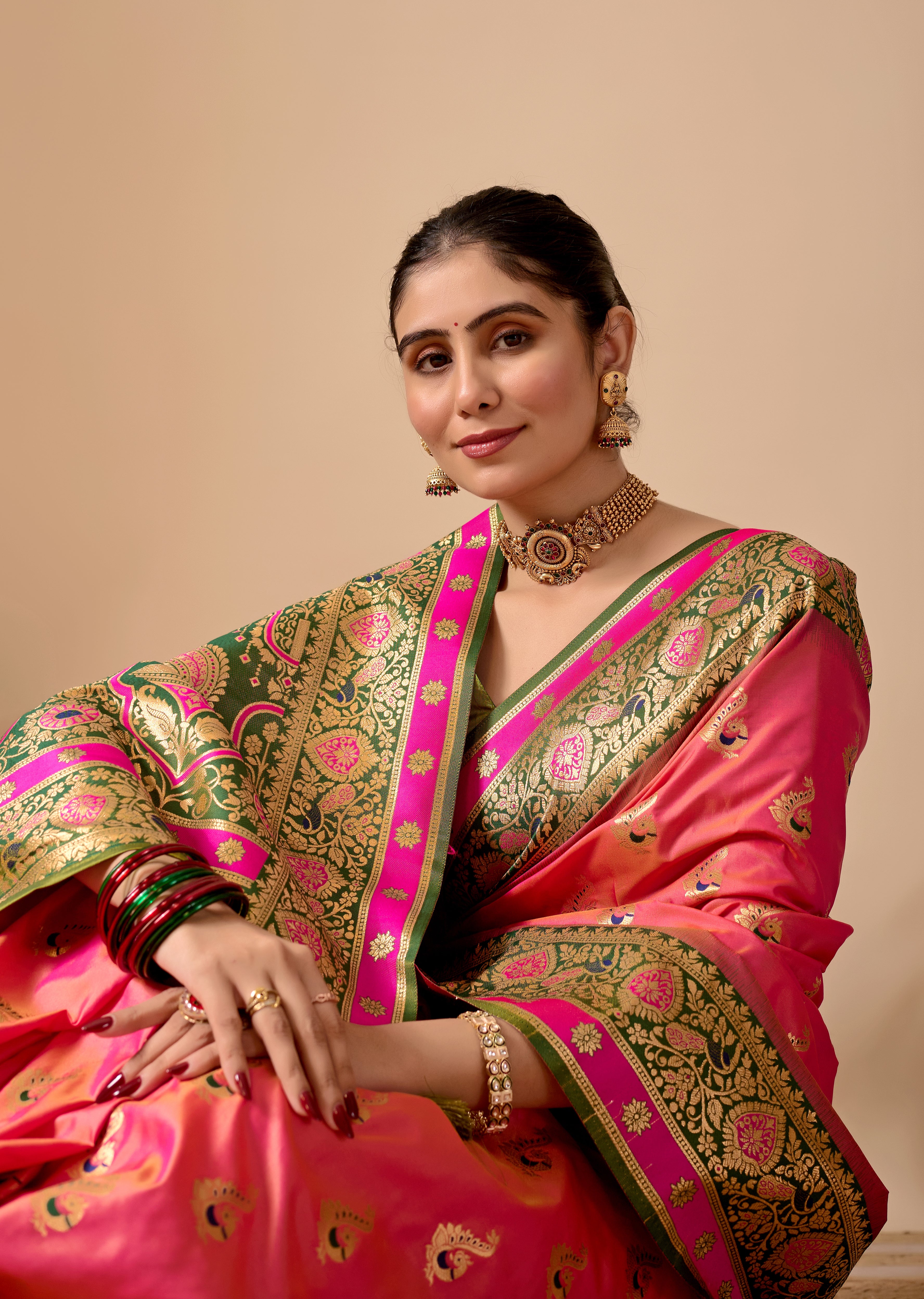Aakshi Banarasi Silk Saree in Pink & Mehendi Contrast