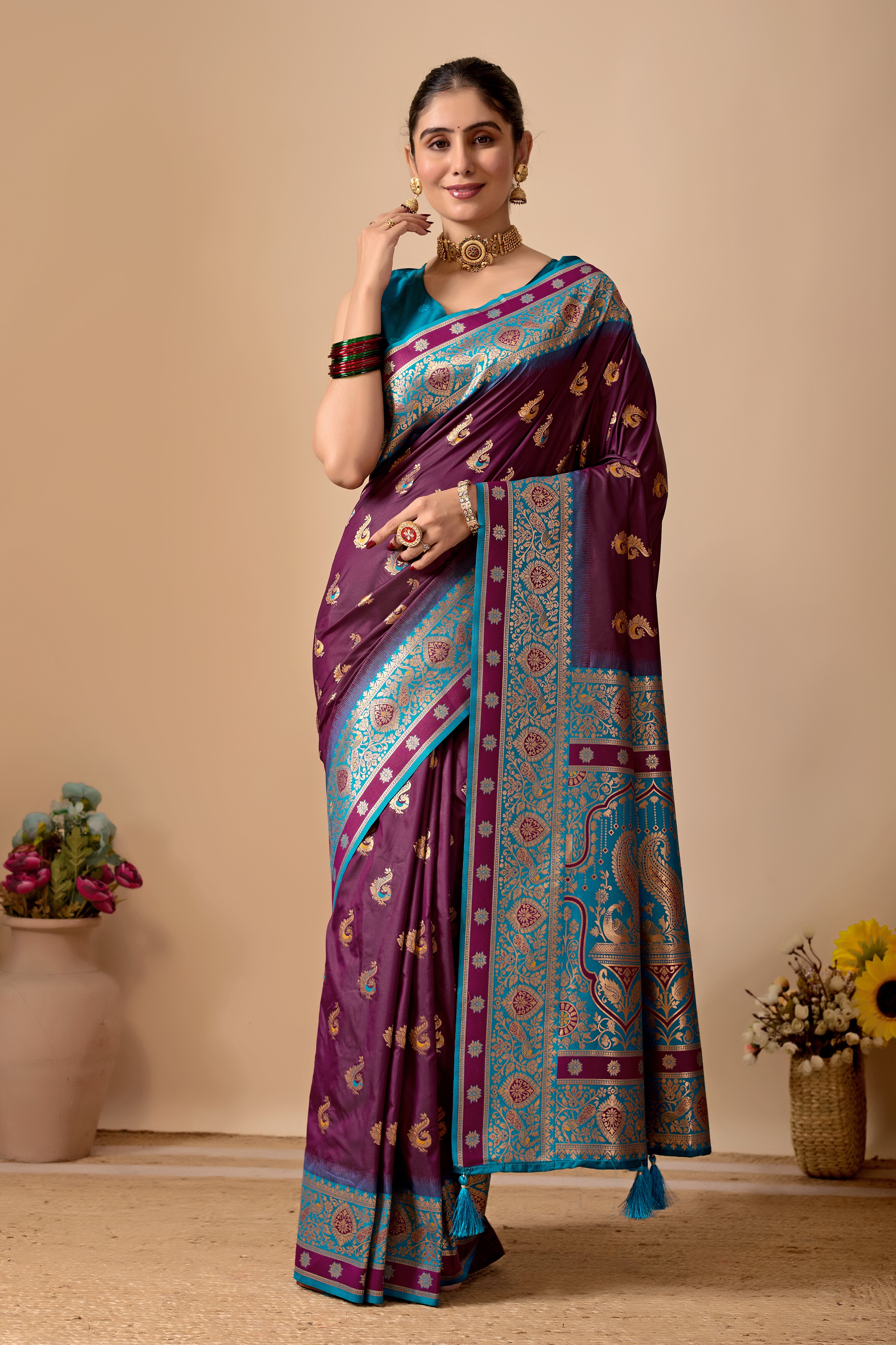 Aakshi Banarasi Silk Saree in Wine & Firoji Contrast