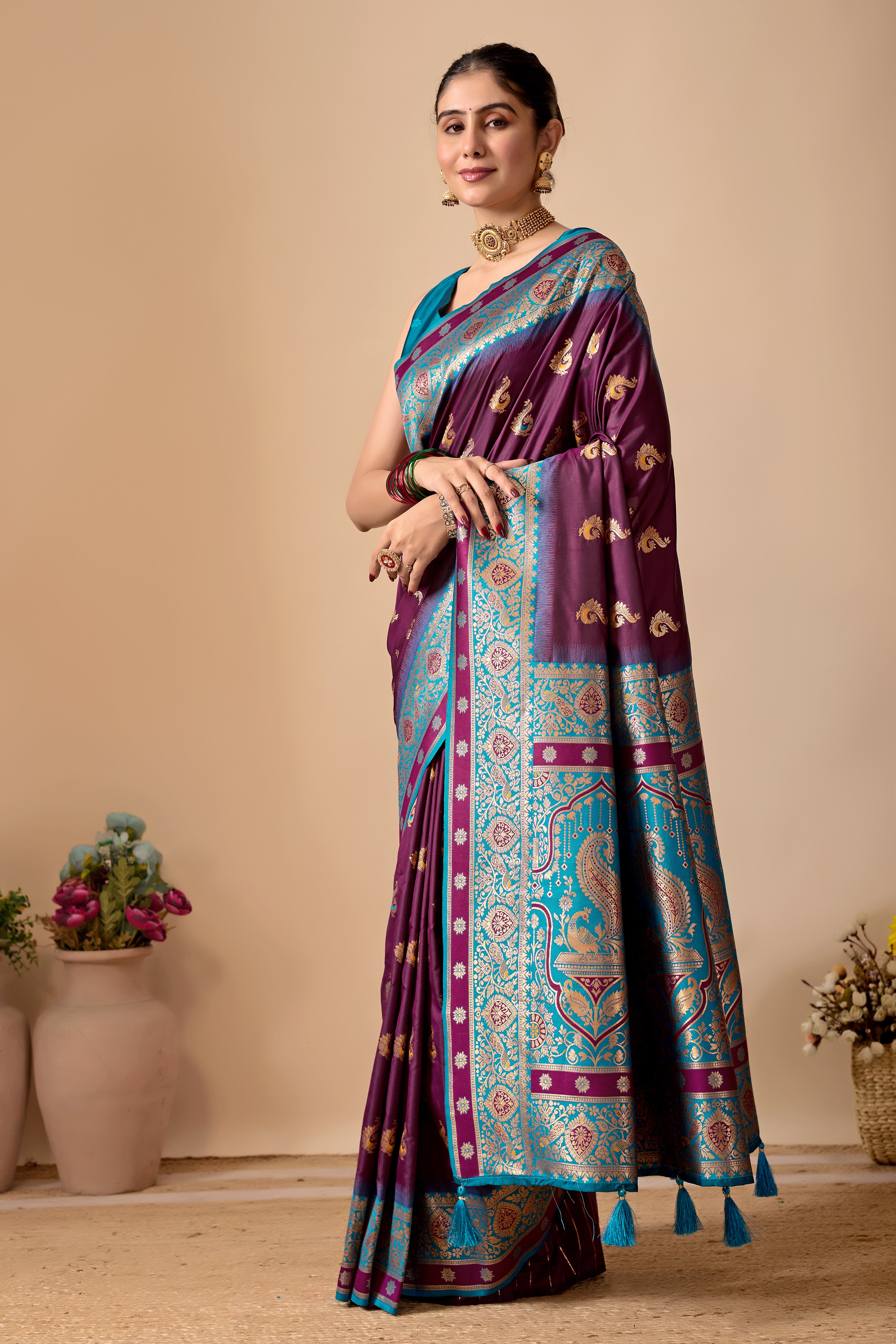 Aakshi Banarasi Silk Saree in Wine & Firoji Contrast