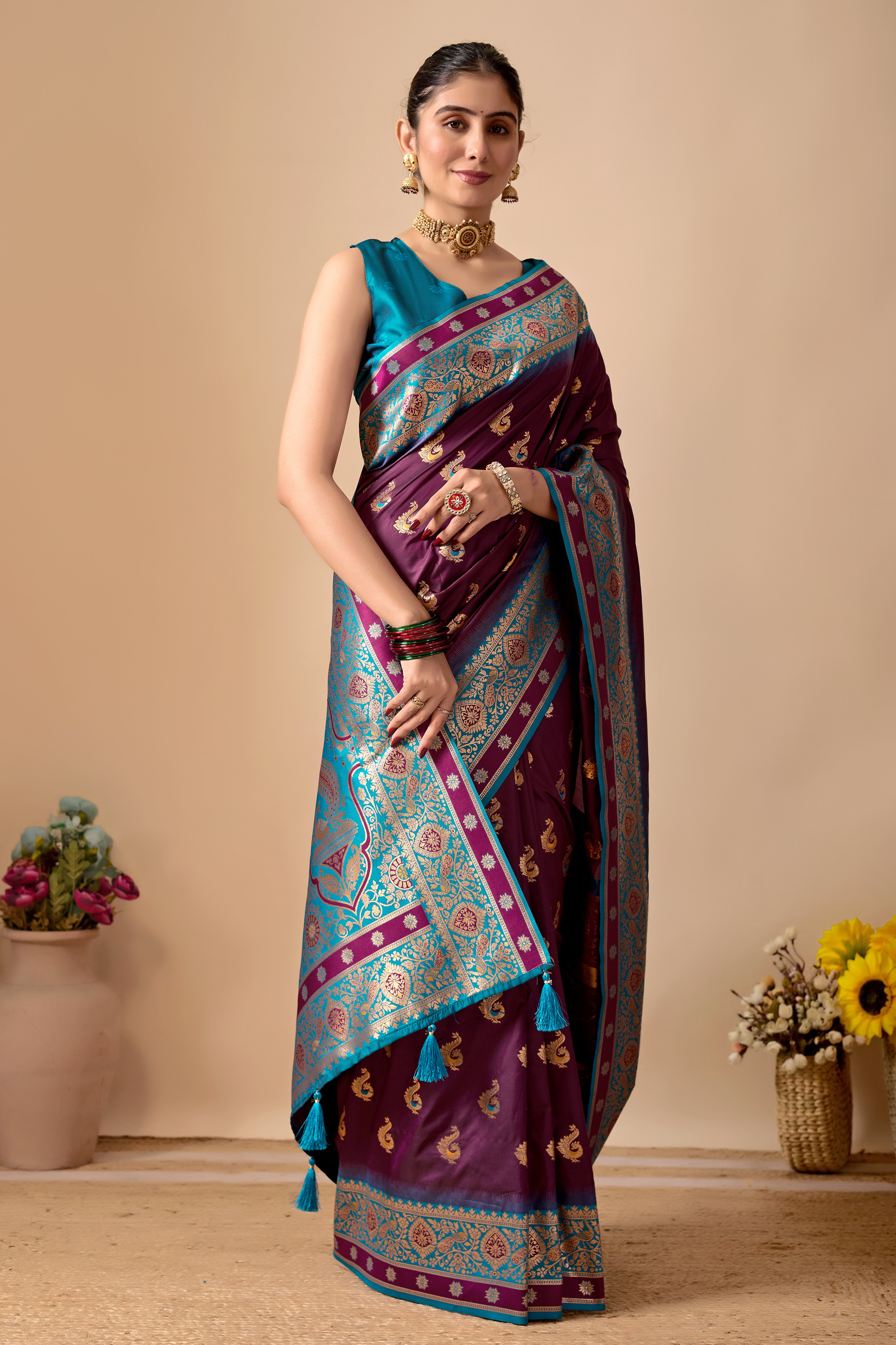 Aakshi Banarasi Silk Saree in Wine & Firoji Contrast