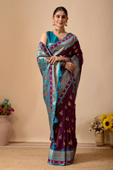 Aakshi Banarasi Silk Saree in Wine & Firoji Contrast