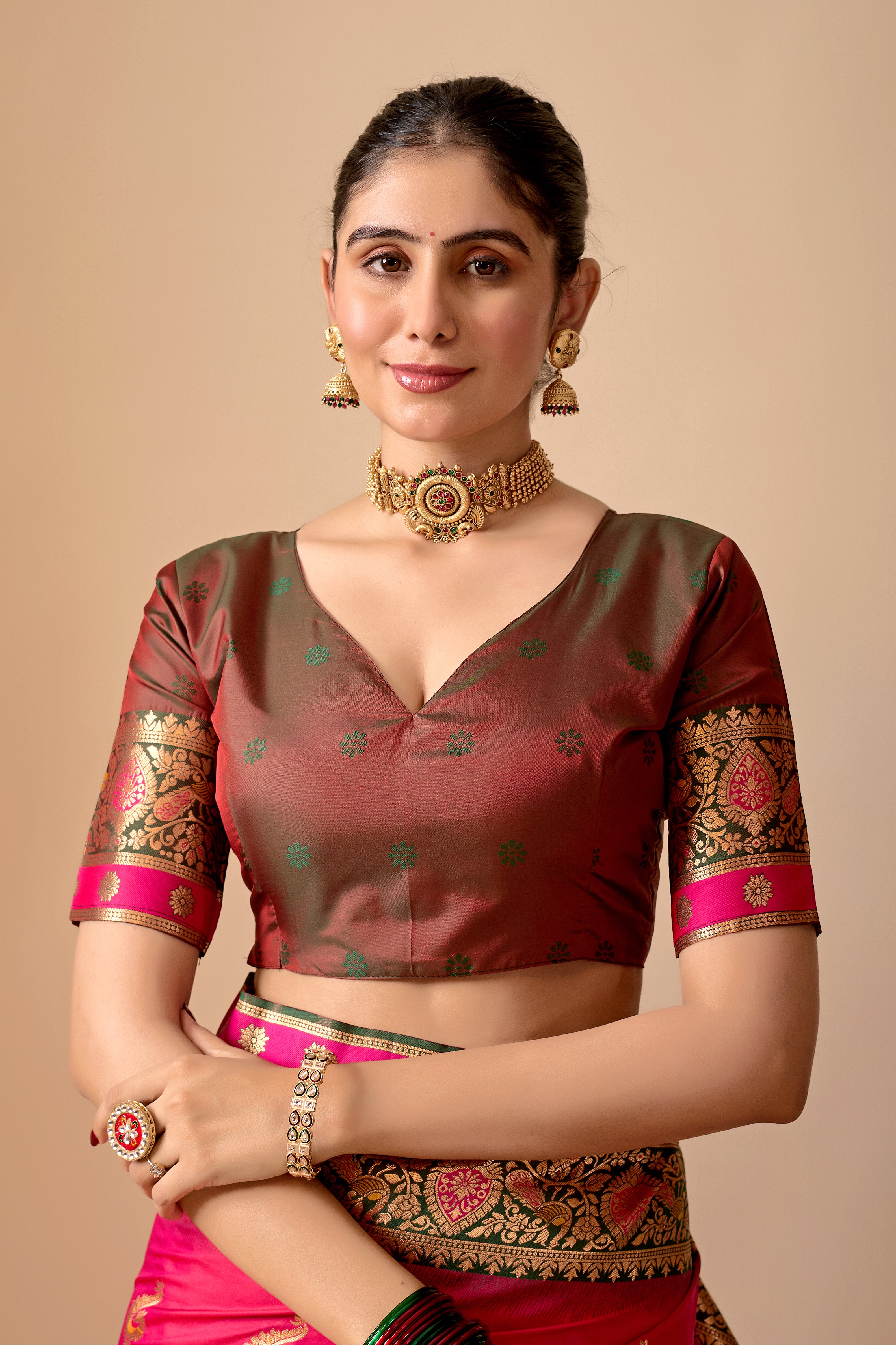 Aakshi Banarasi Silk Saree in Rani & Green Contrast