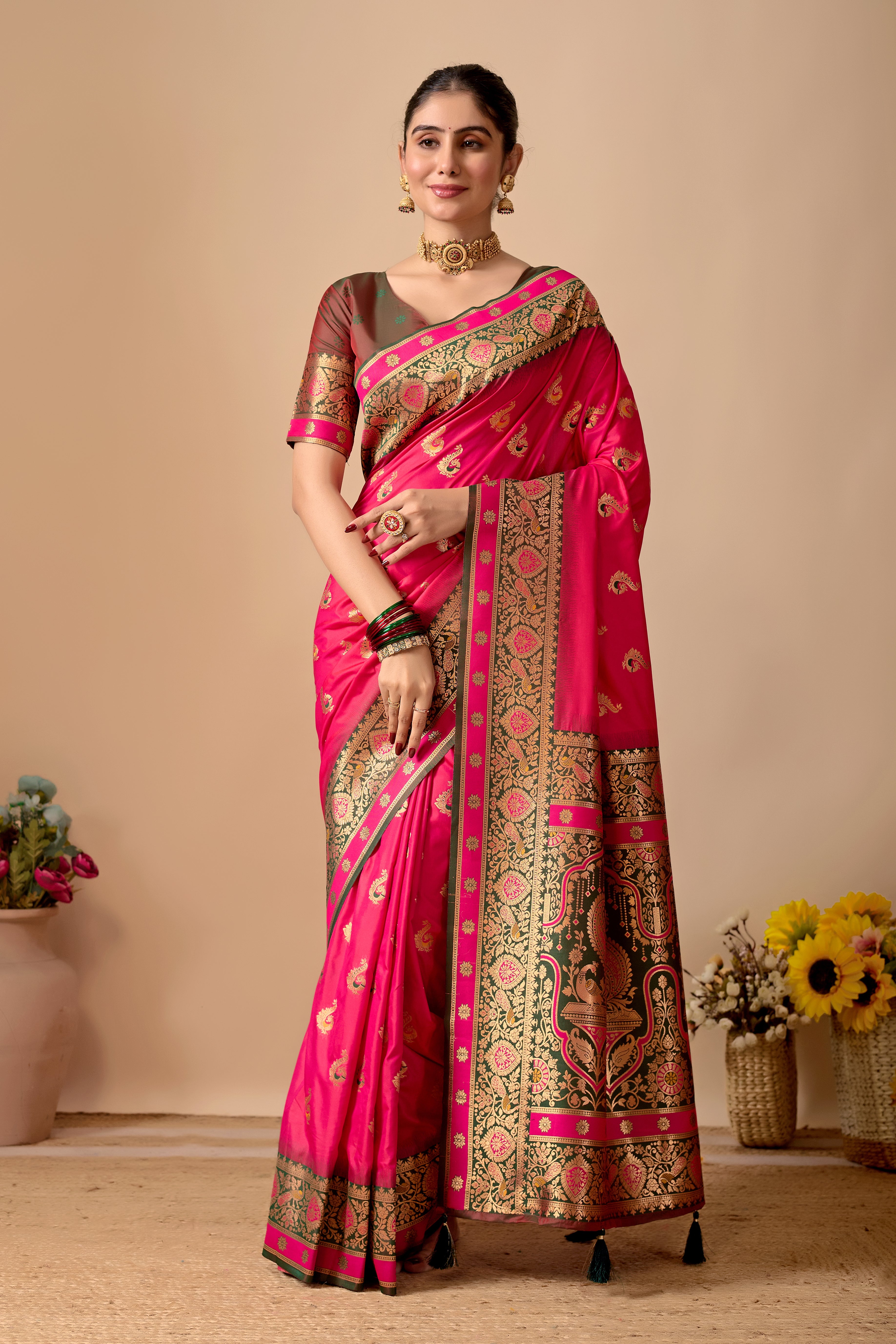 Aakshi Banarasi Silk Saree in Rani & Green Contrast