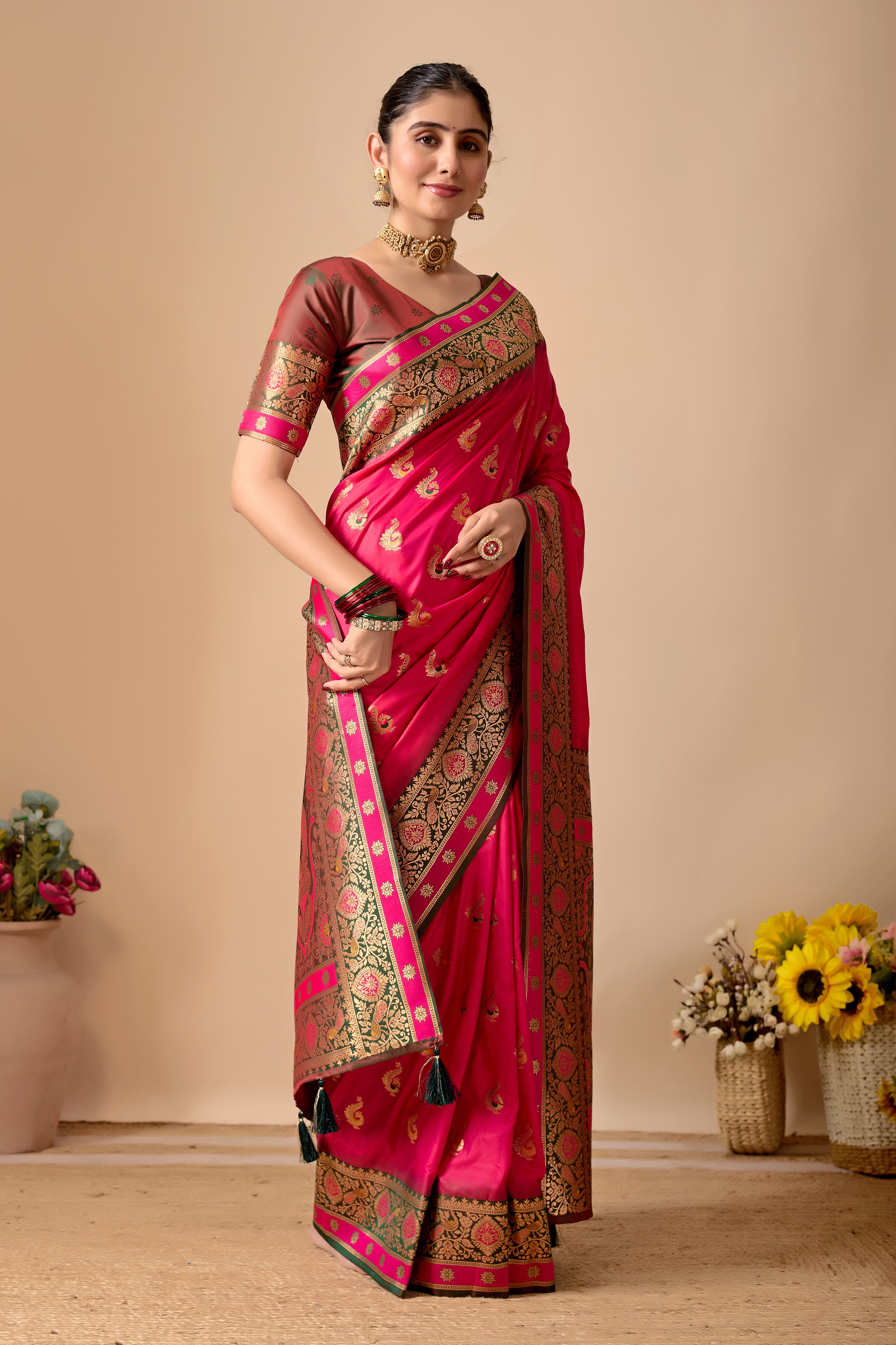 Aakshi Banarasi Silk Saree in Rani & Green Contrast