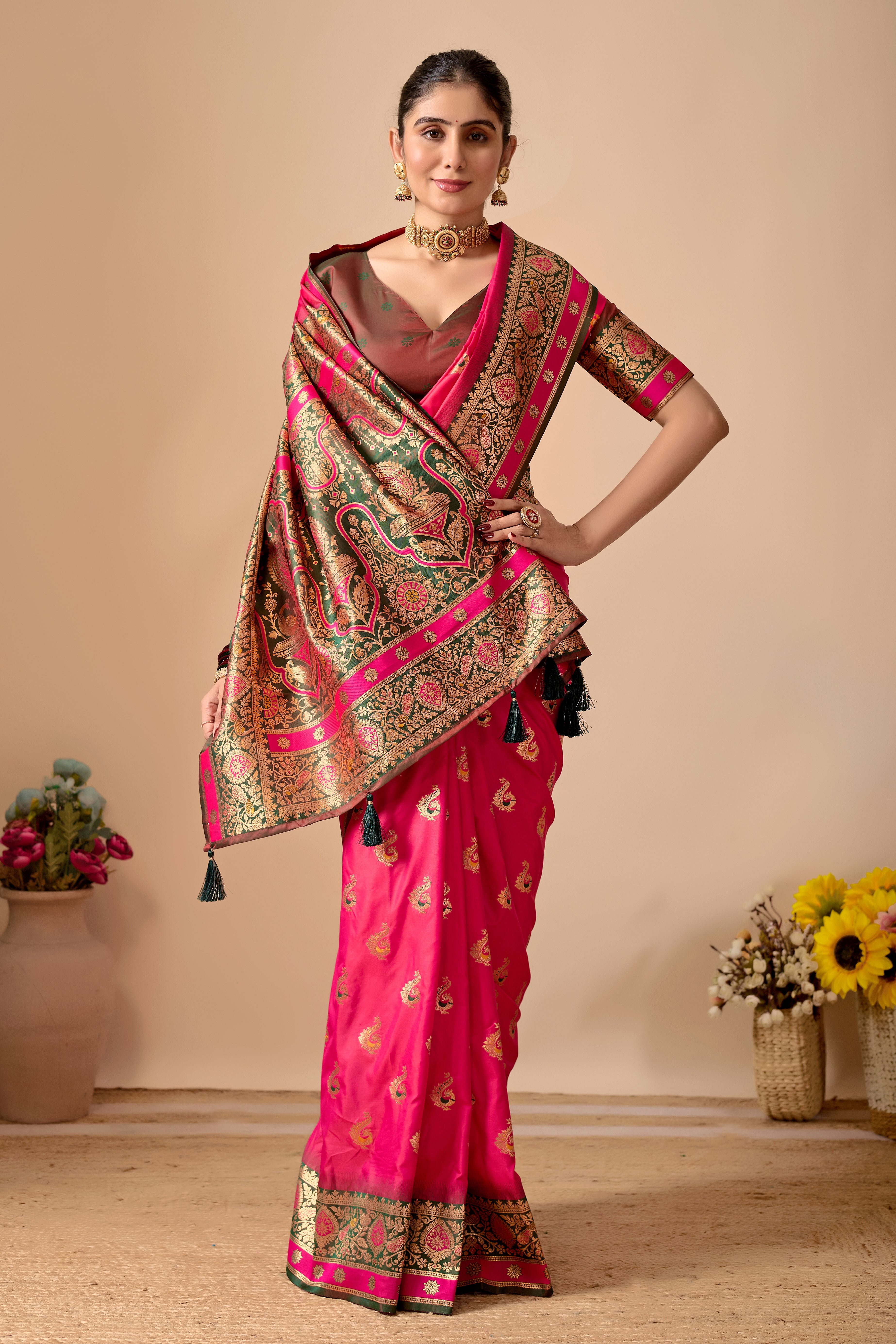 Aakshi Banarasi Silk Saree in Rani & Green Contrast