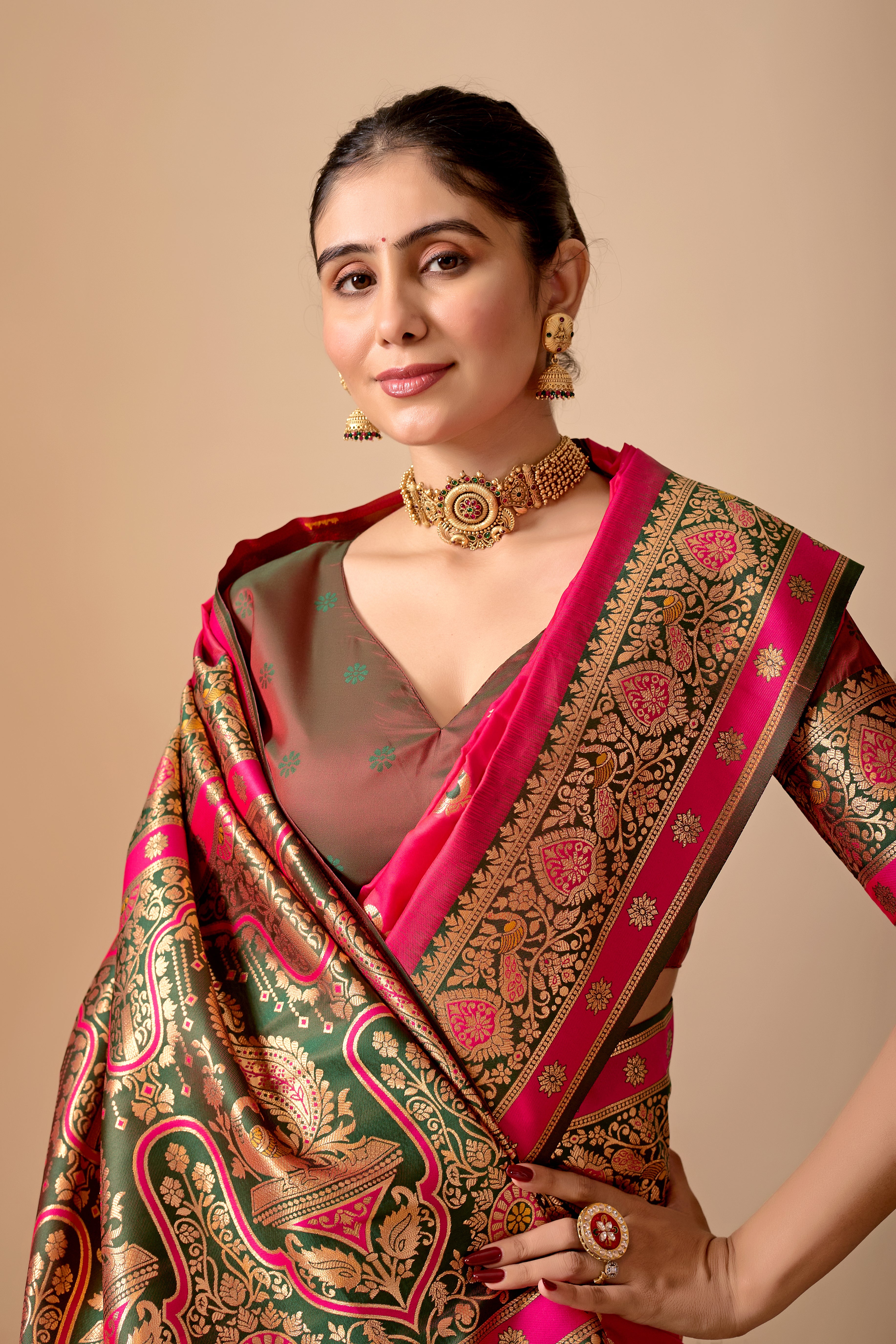 Aakshi Banarasi Silk Saree in Rani & Green Contrast