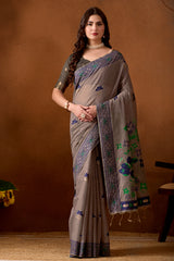 Woven Design Ethnic Motif Muga Cotton Saree in Grey