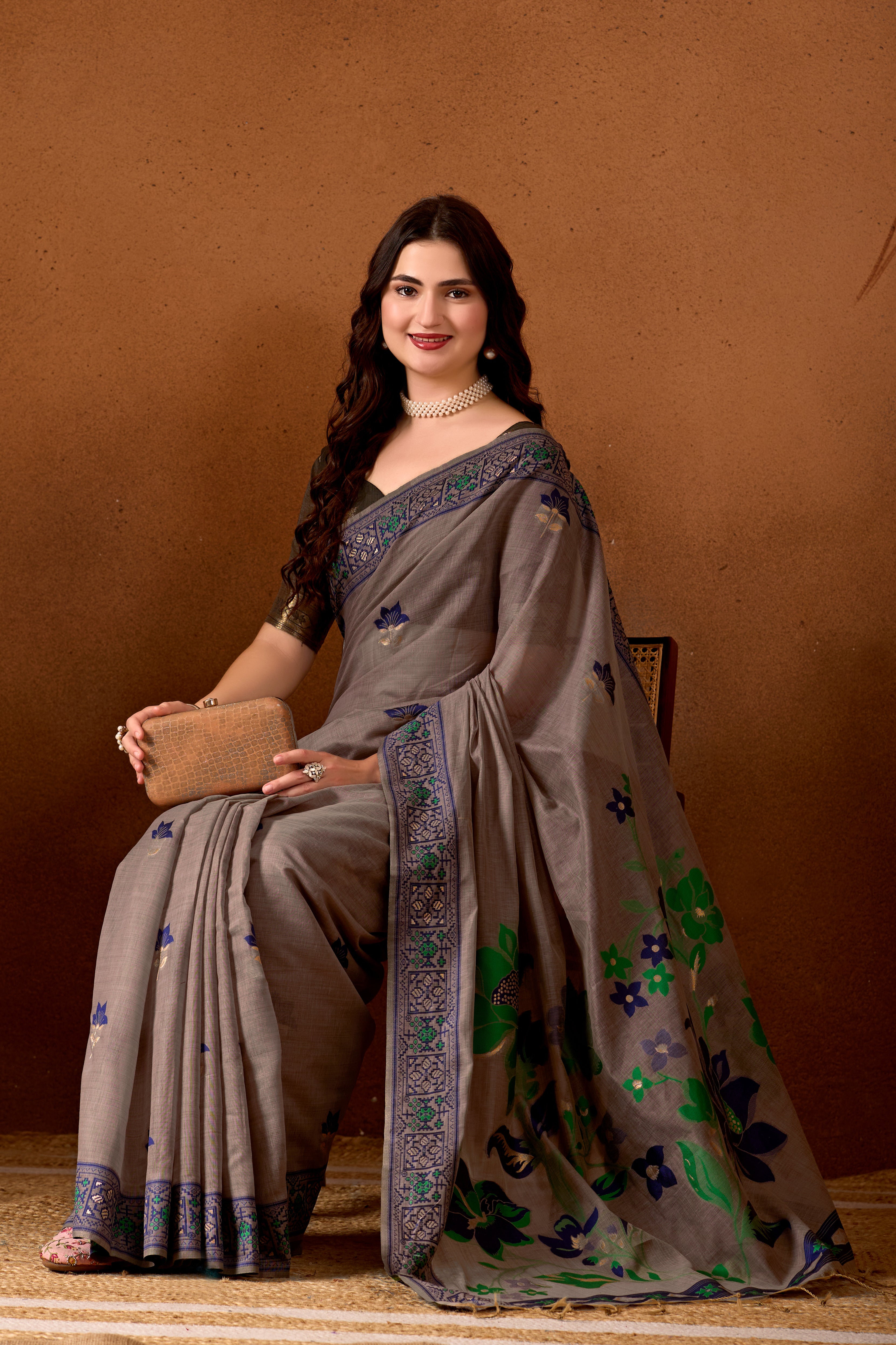 Woven Design Ethnic Motif Muga Cotton Saree in Grey