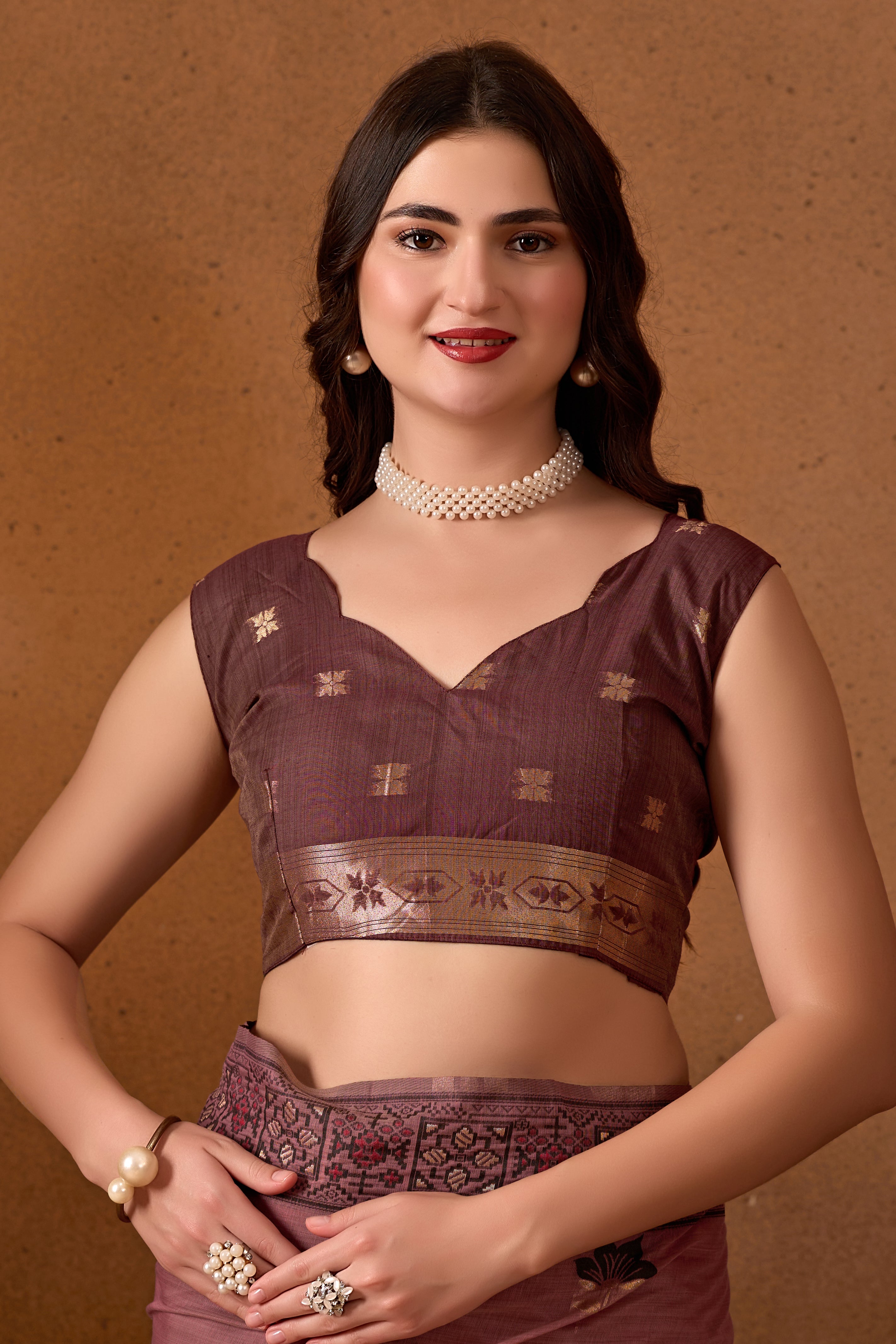 Woven Design Ethnic Motif Muga Cotton Saree in Wine