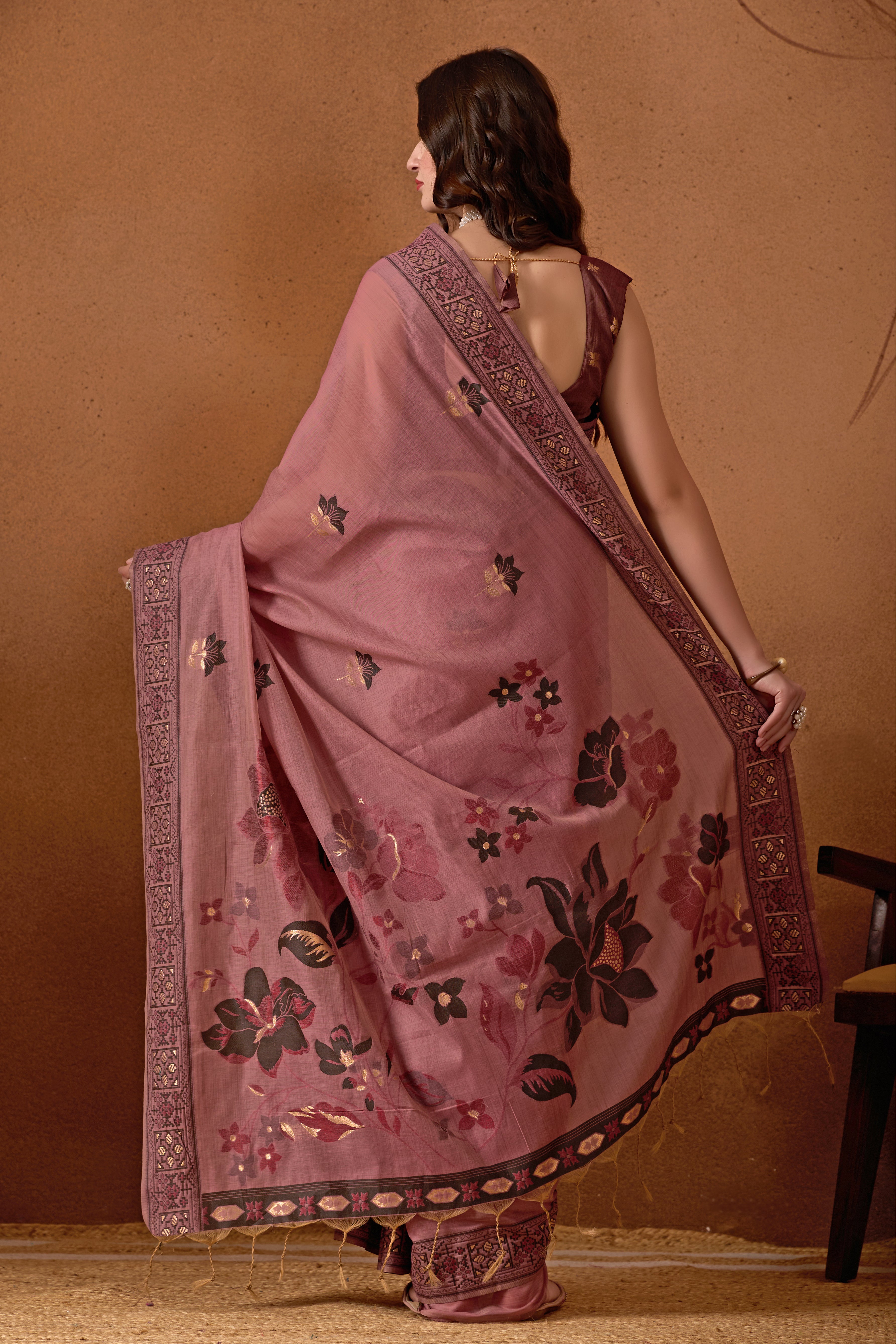 Woven Design Ethnic Motif Muga Cotton Saree in Wine