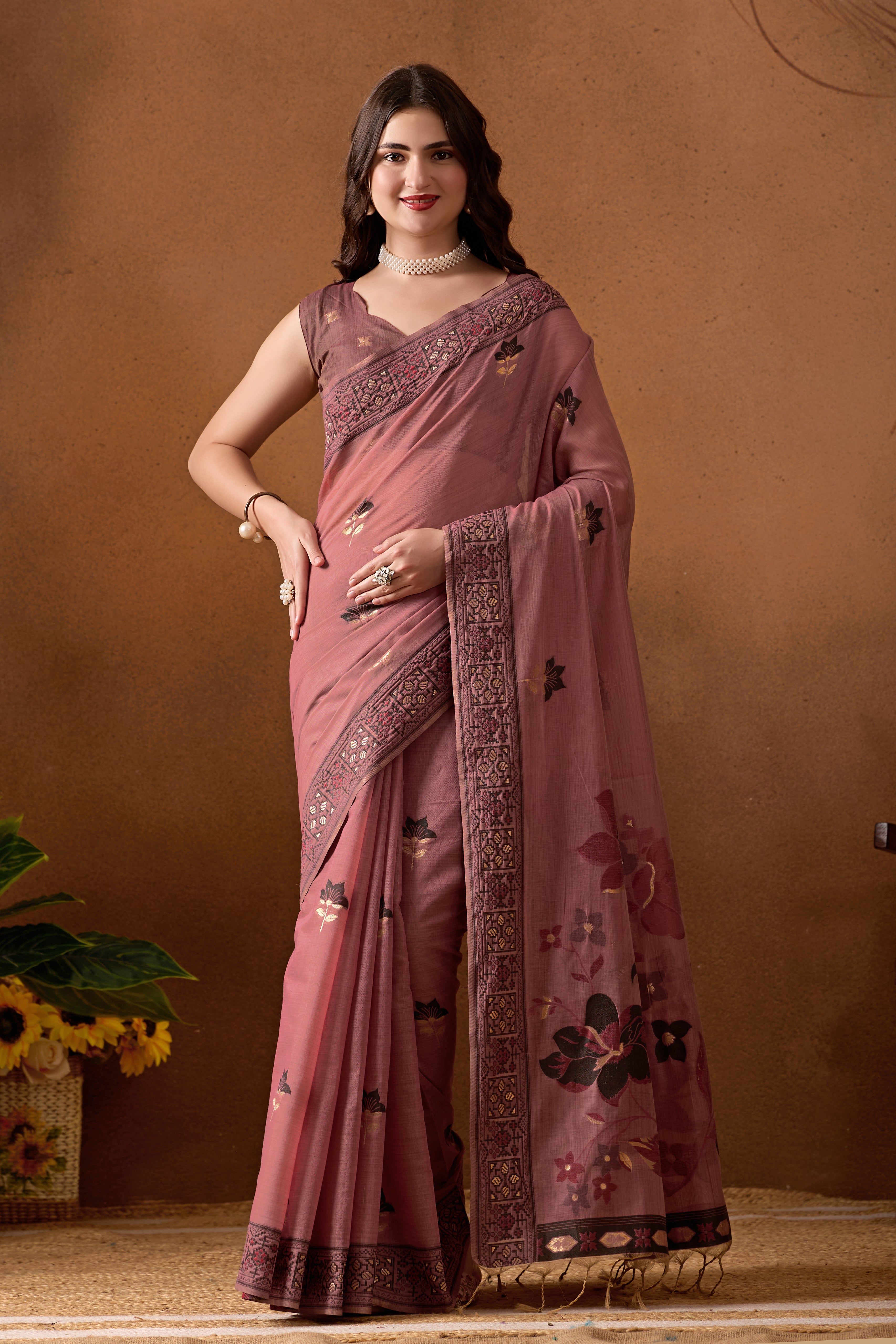 Woven Design Ethnic Motif Muga Cotton Saree in Wine