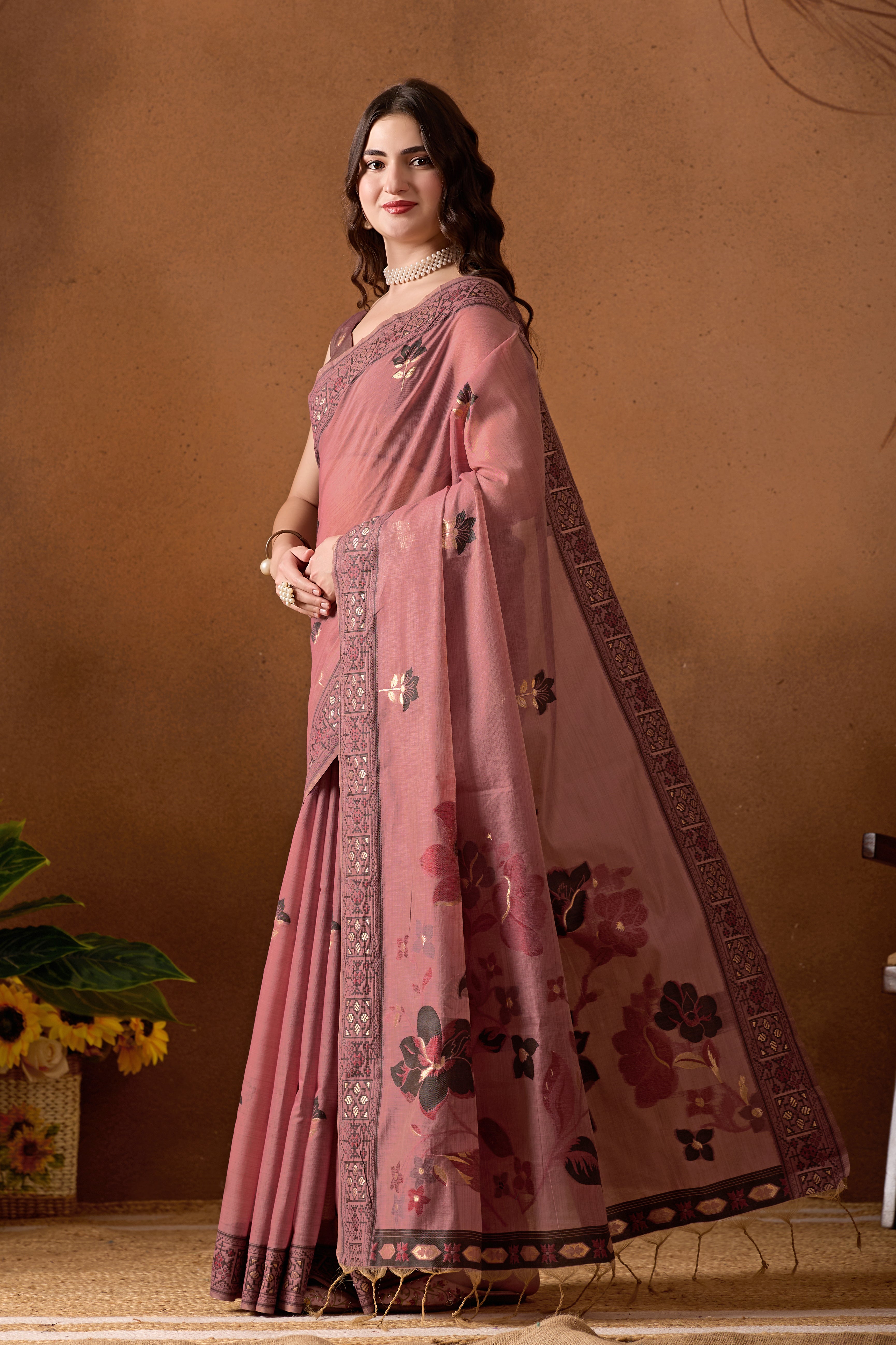 Woven Design Ethnic Motif Muga Cotton Saree in Wine