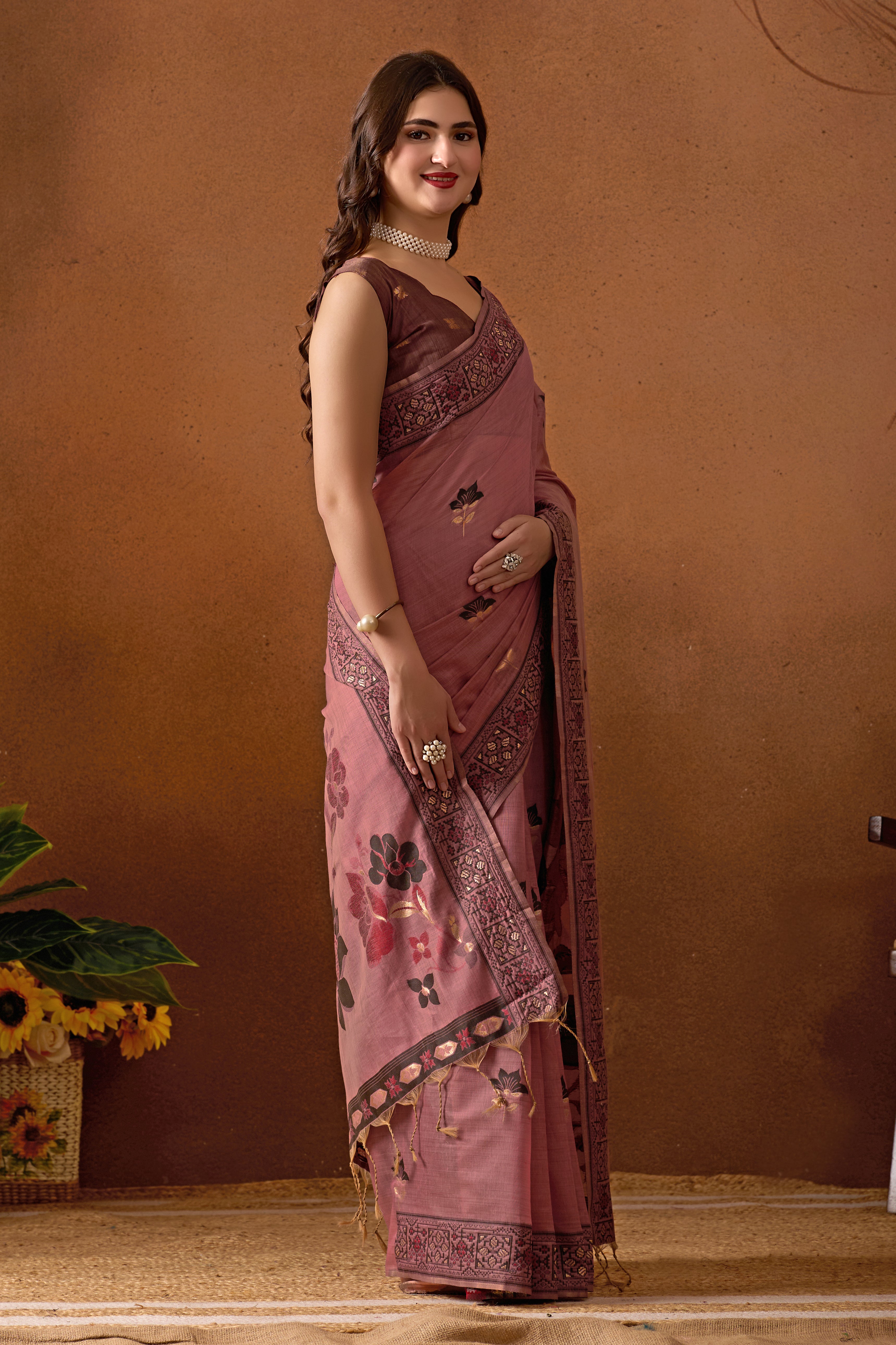 Woven Design Ethnic Motif Muga Cotton Saree in Wine