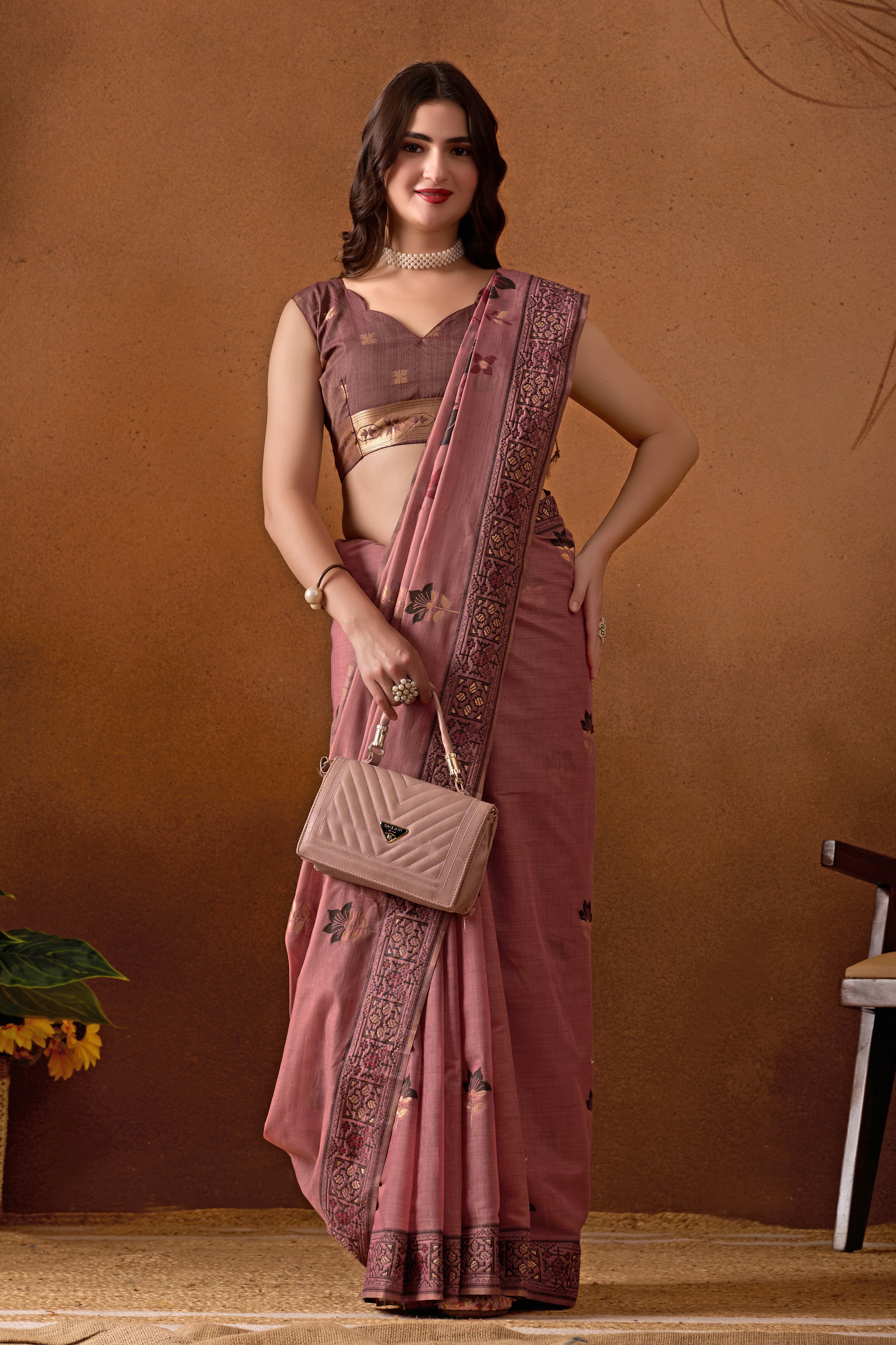 Woven Design Ethnic Motif Muga Cotton Saree in Wine