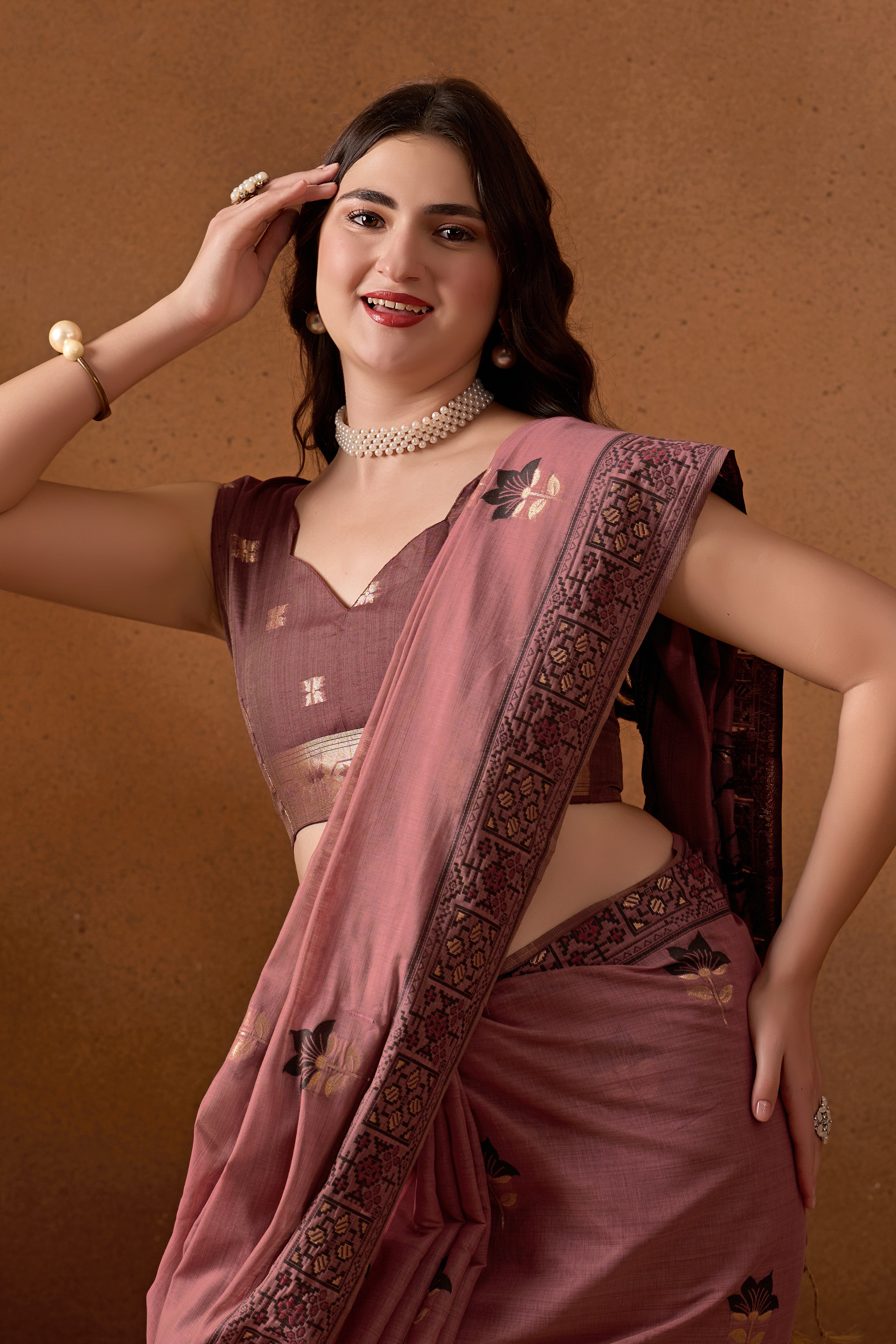 Woven Design Ethnic Motif Muga Cotton Saree in Wine