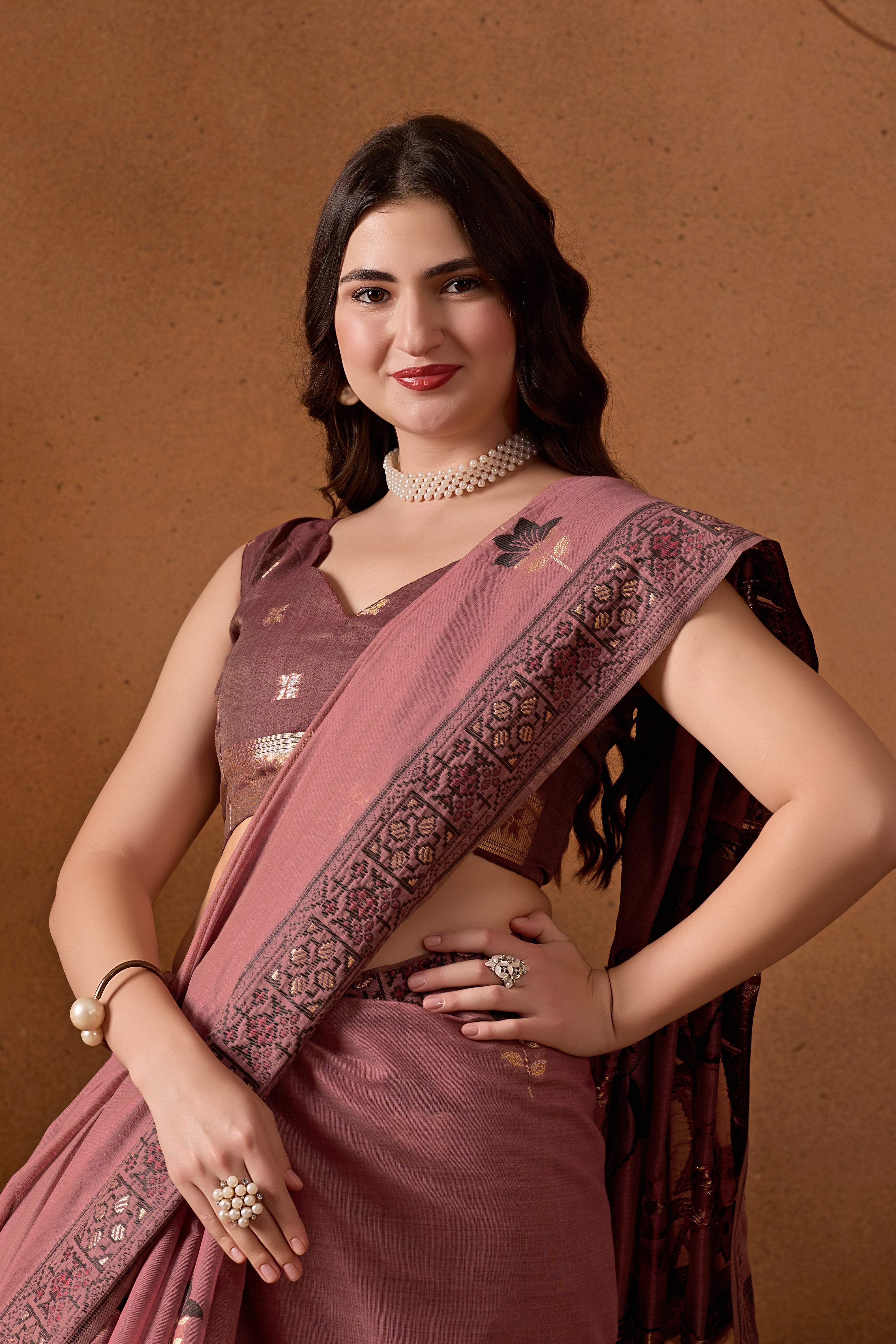 Woven Design Ethnic Motif Muga Cotton Saree in Wine