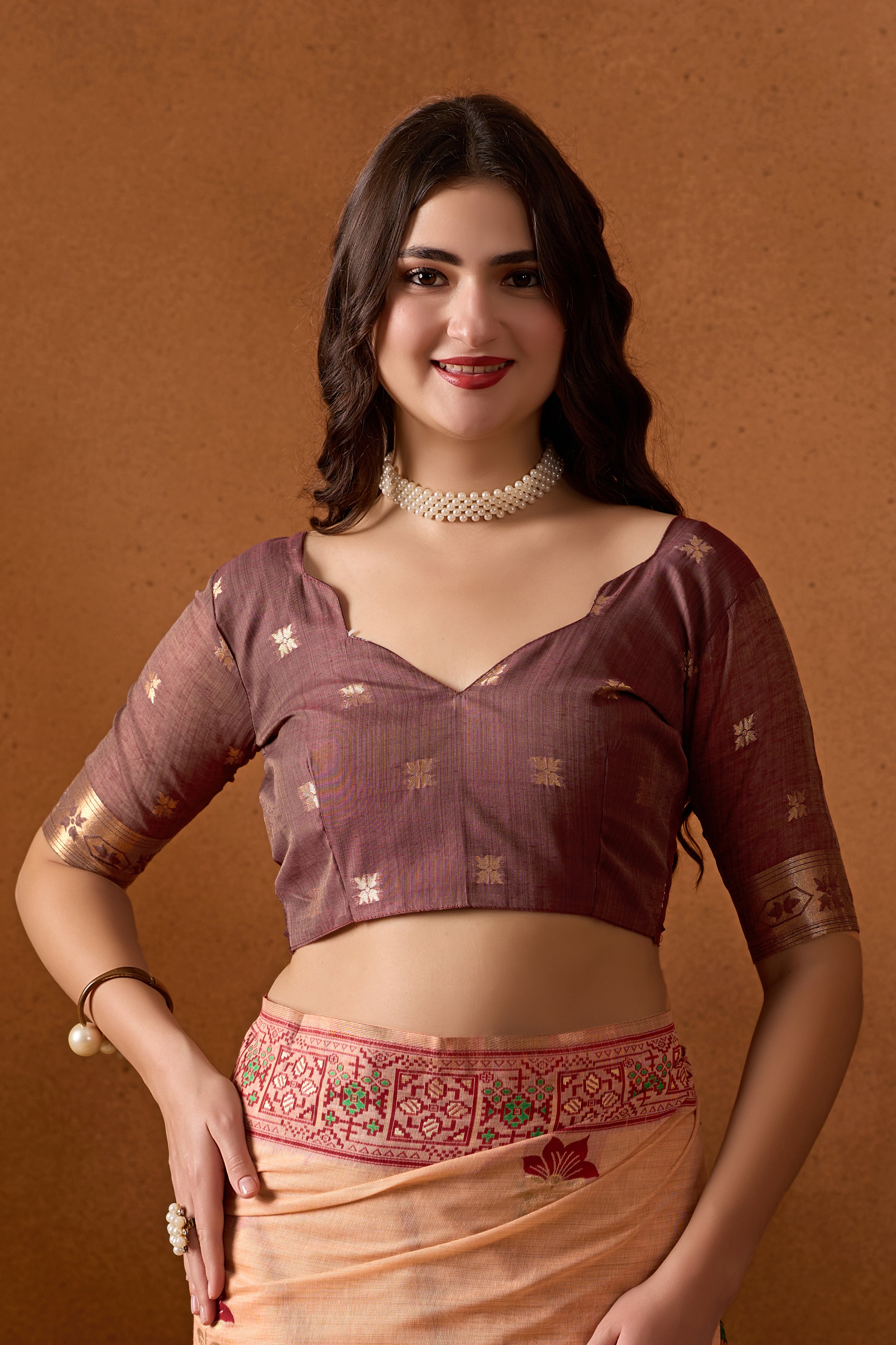 Woven Design Ethnic Motif Muga Cotton Saree in Peach