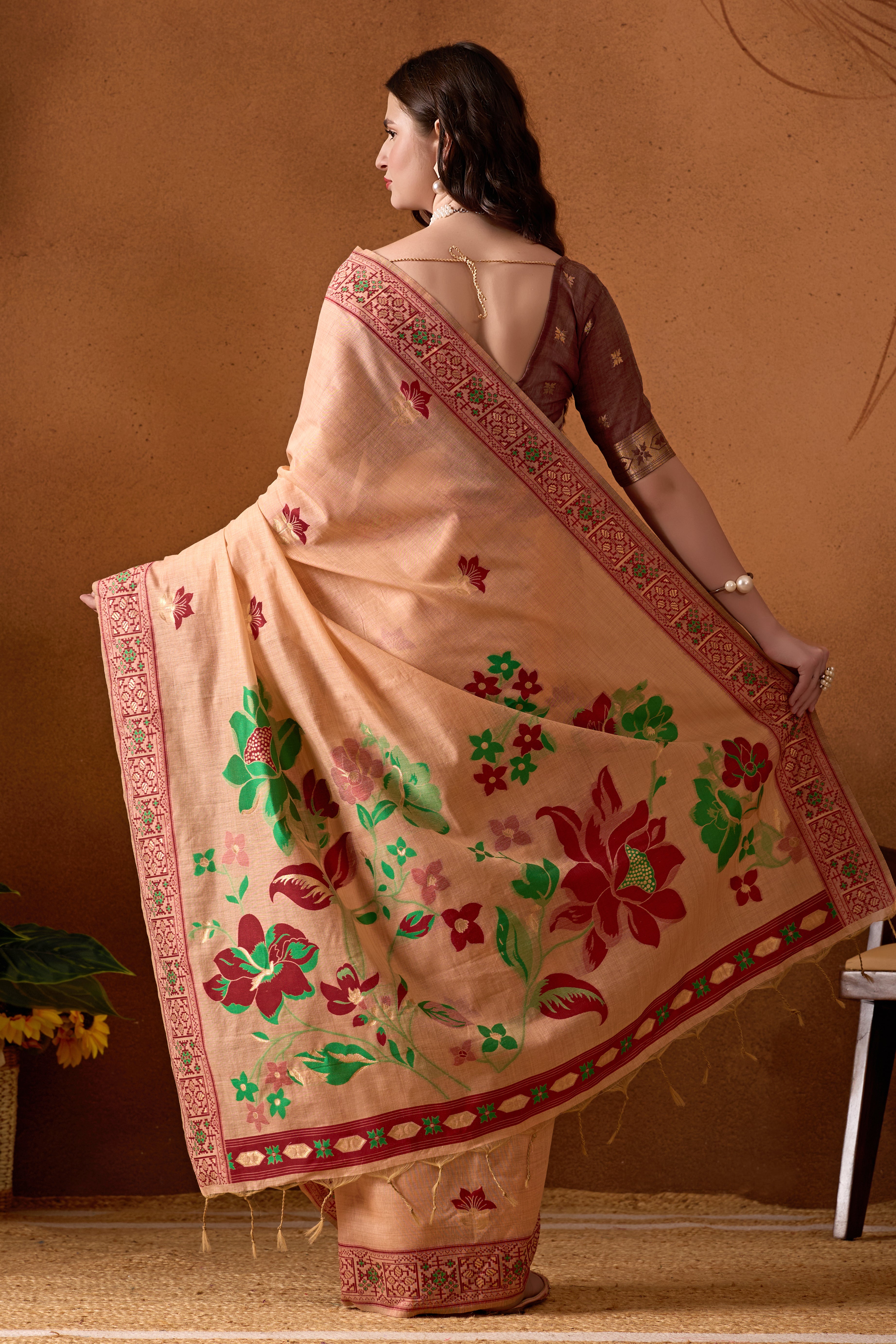 Woven Design Ethnic Motif Muga Cotton Saree in Peach