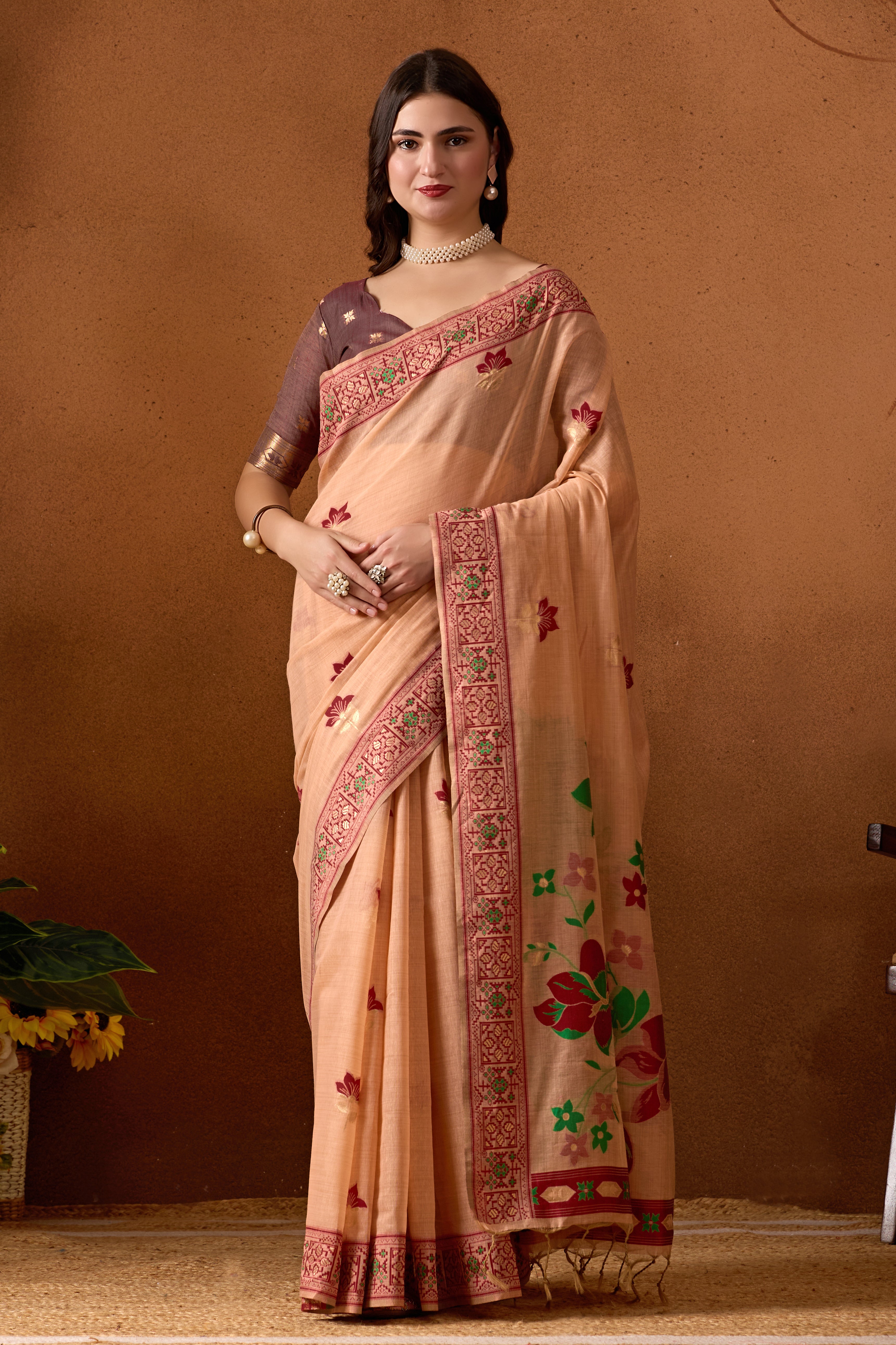 Woven Design Ethnic Motif Muga Cotton Saree in Peach