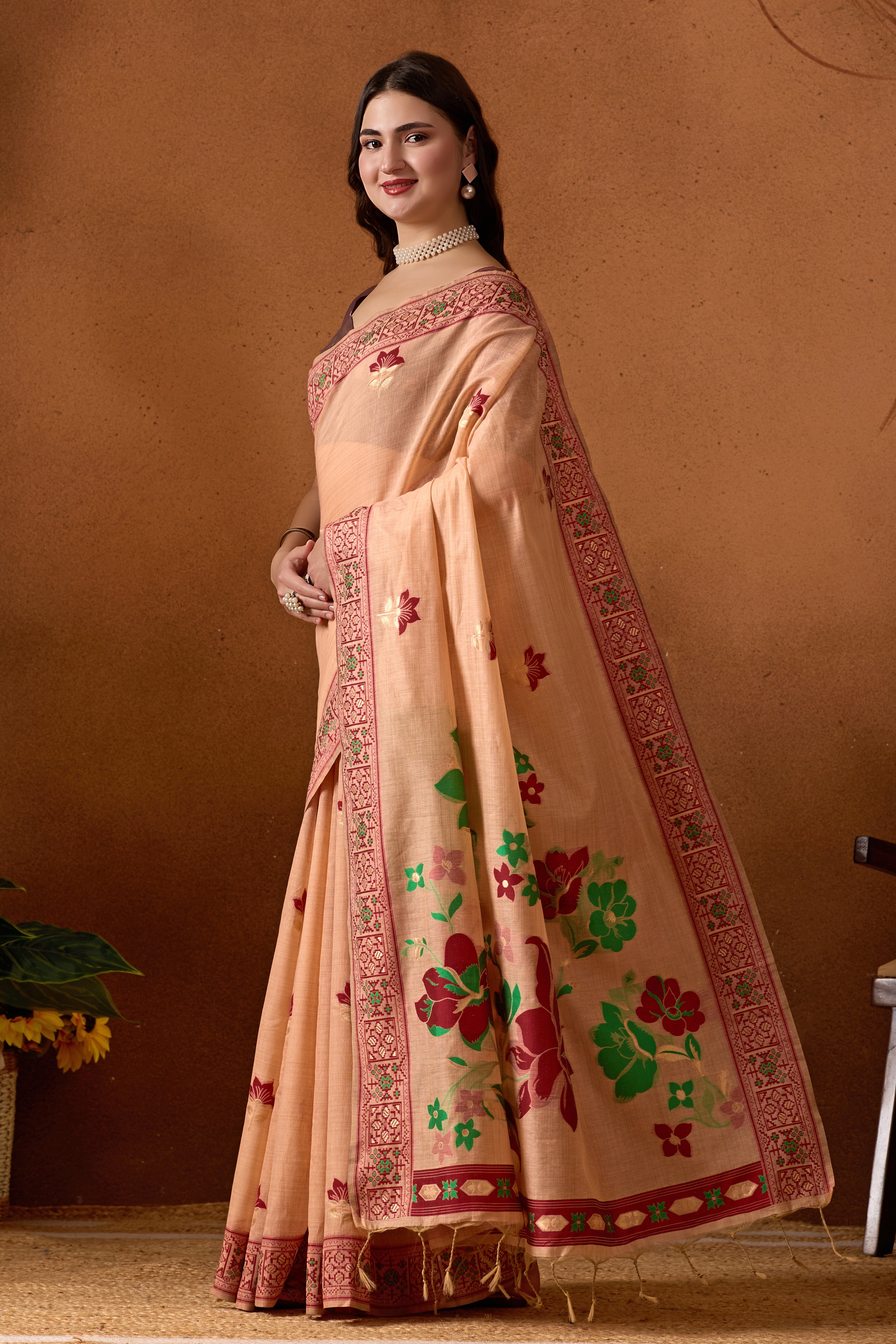 Woven Design Ethnic Motif Muga Cotton Saree in Peach