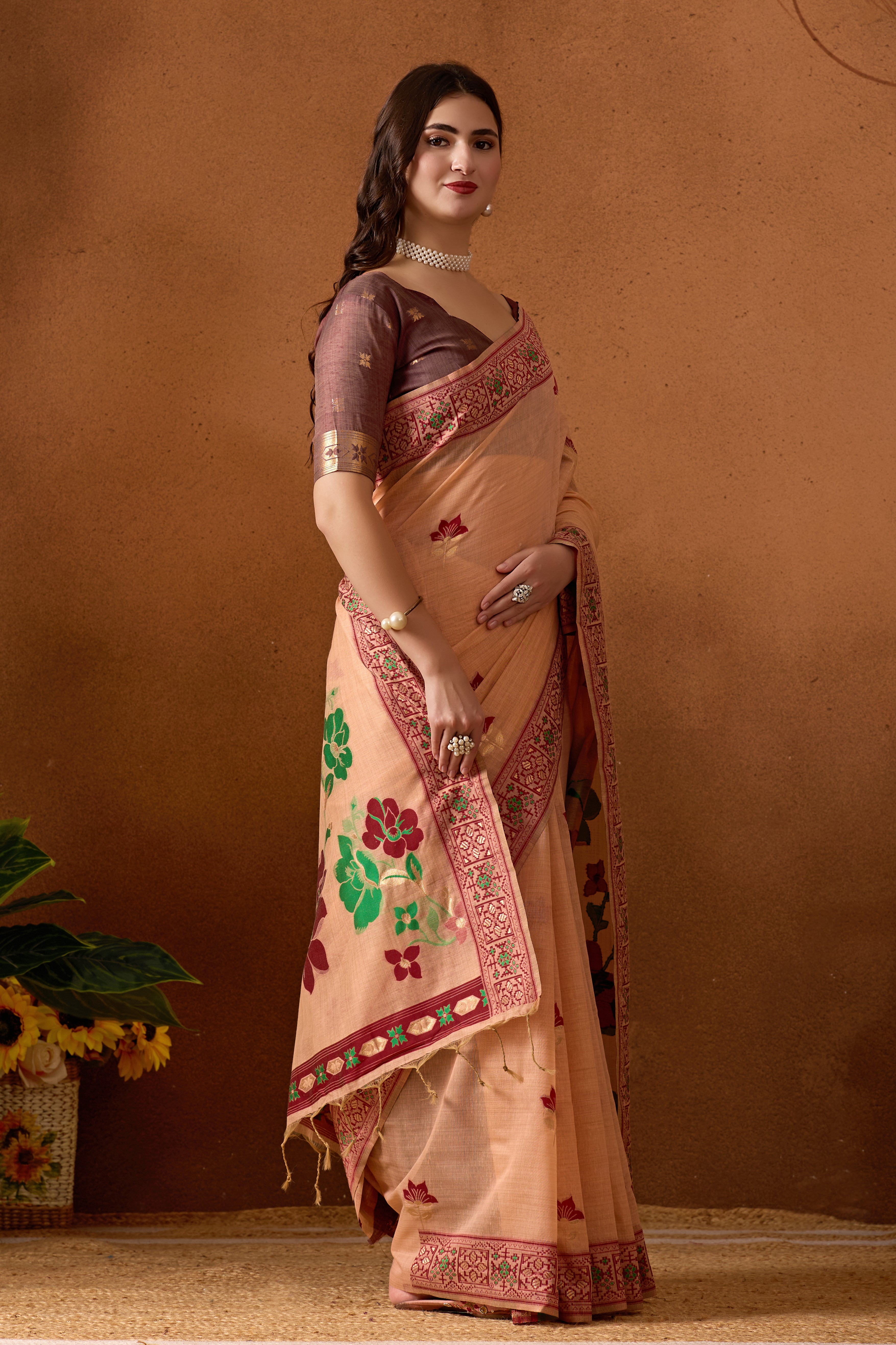 Woven Design Ethnic Motif Muga Cotton Saree in Peach