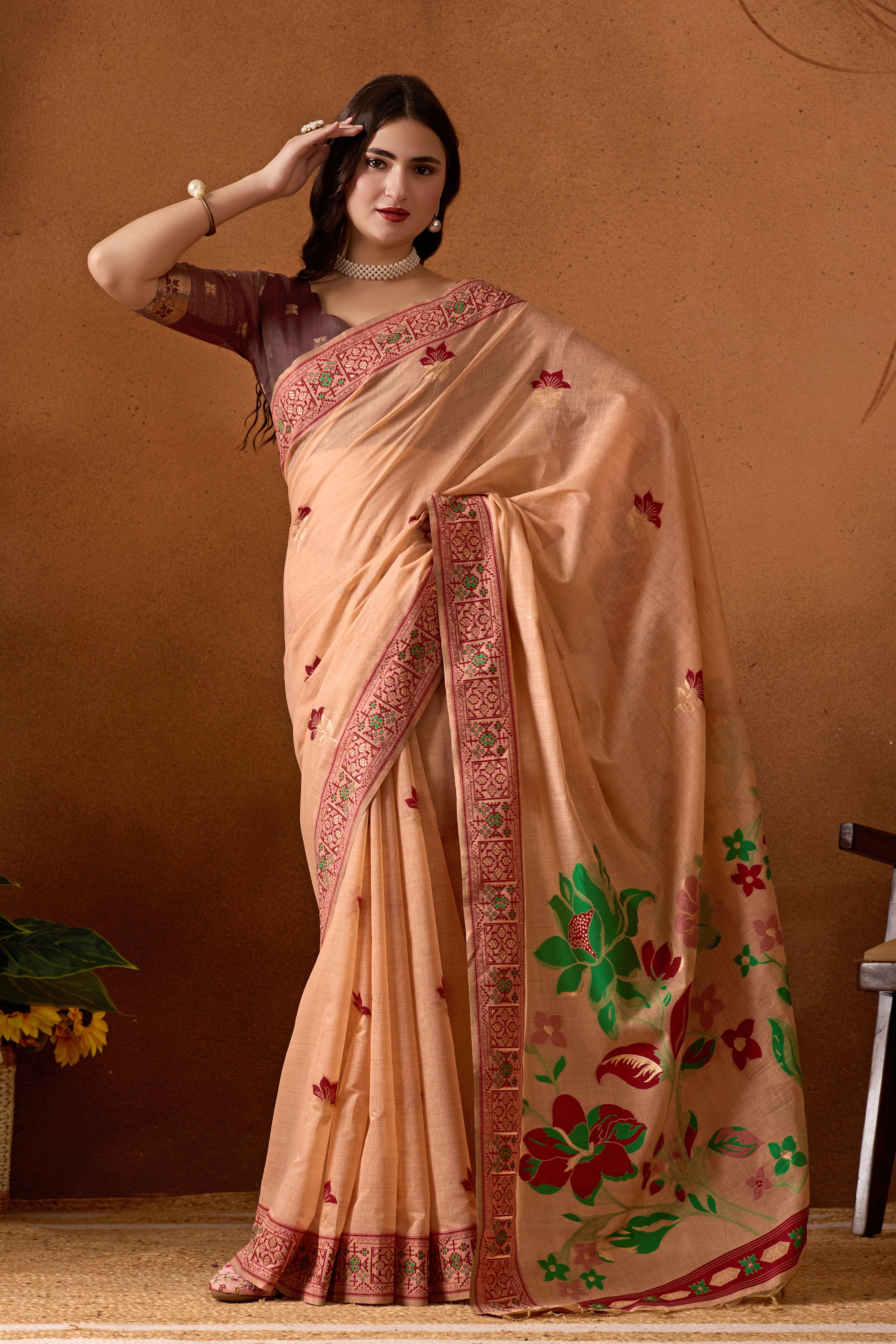 Woven Design Ethnic Motif Muga Cotton Saree in Peach