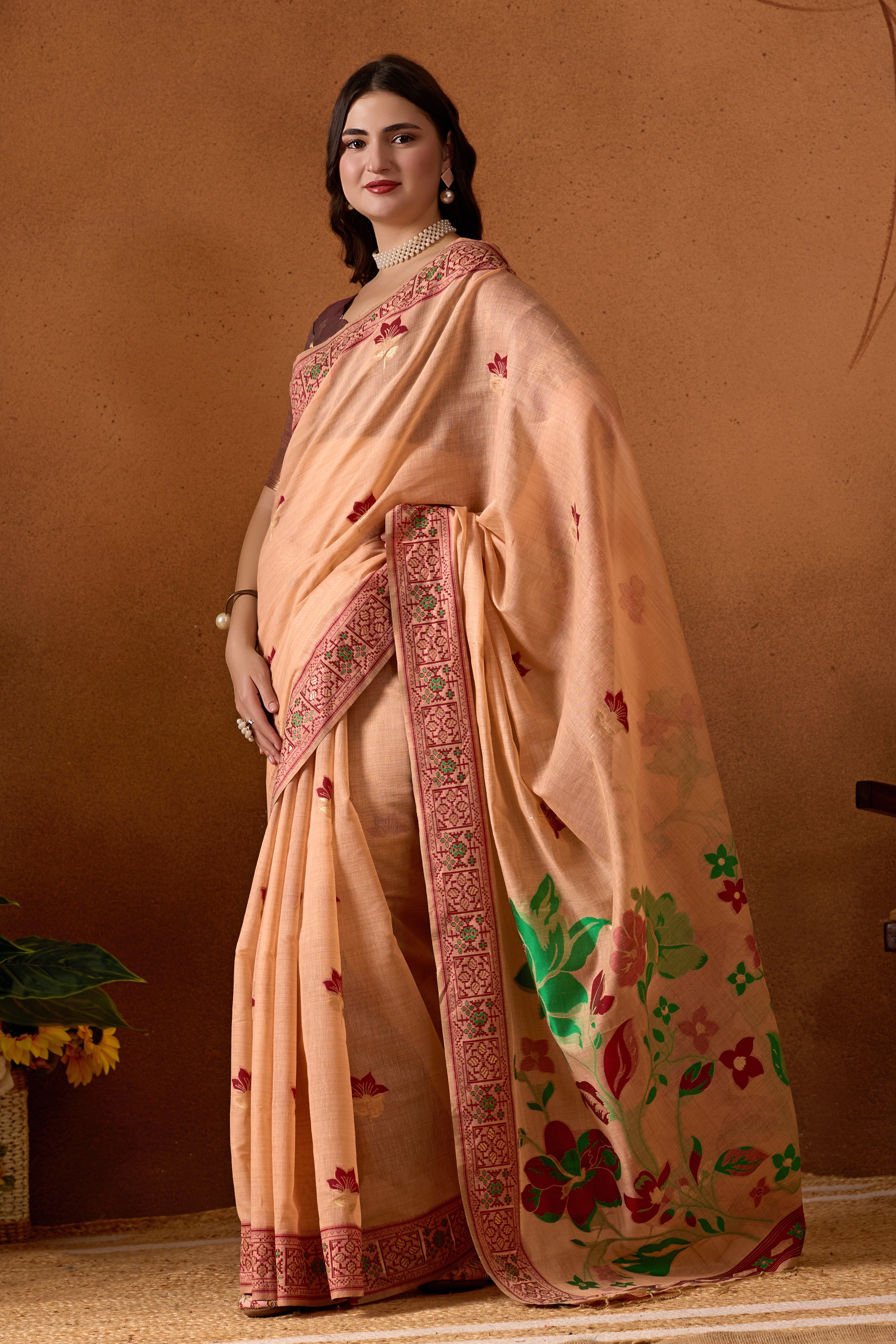 Woven Design Ethnic Motif Muga Cotton Saree in Peach