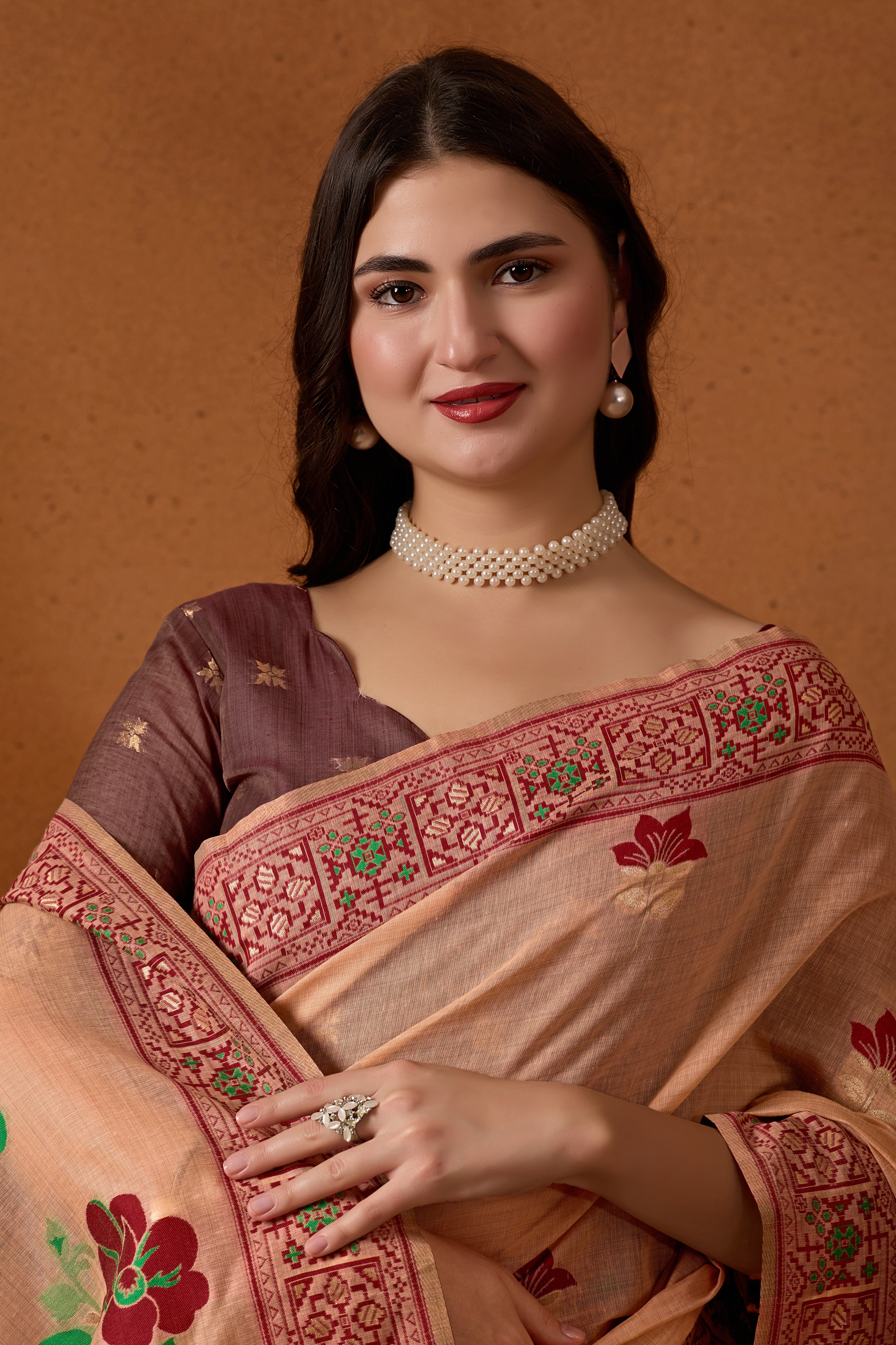 Woven Design Ethnic Motif Muga Cotton Saree in Peach