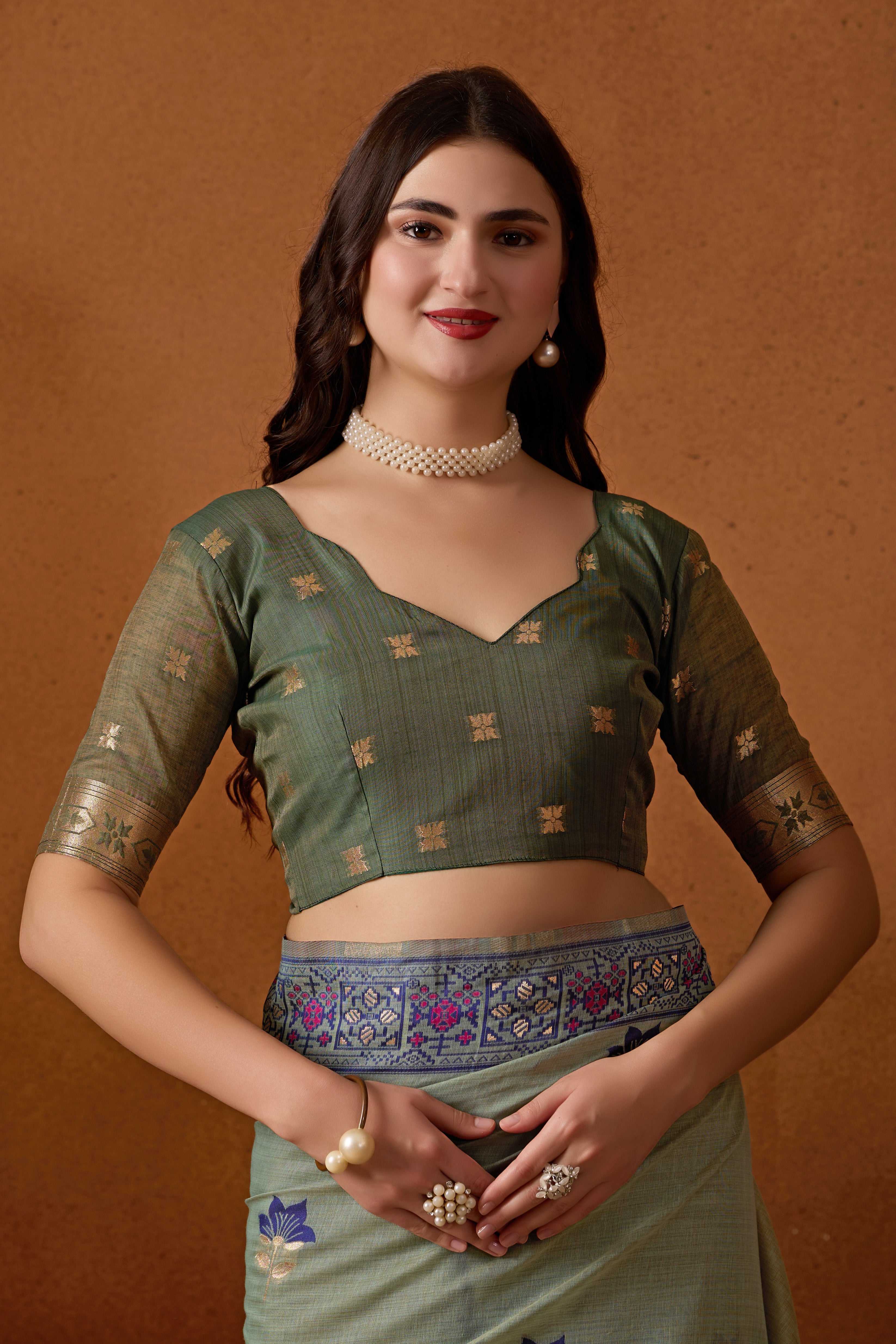 Woven Design Ethic Motif Muga Cotton Saree in Green