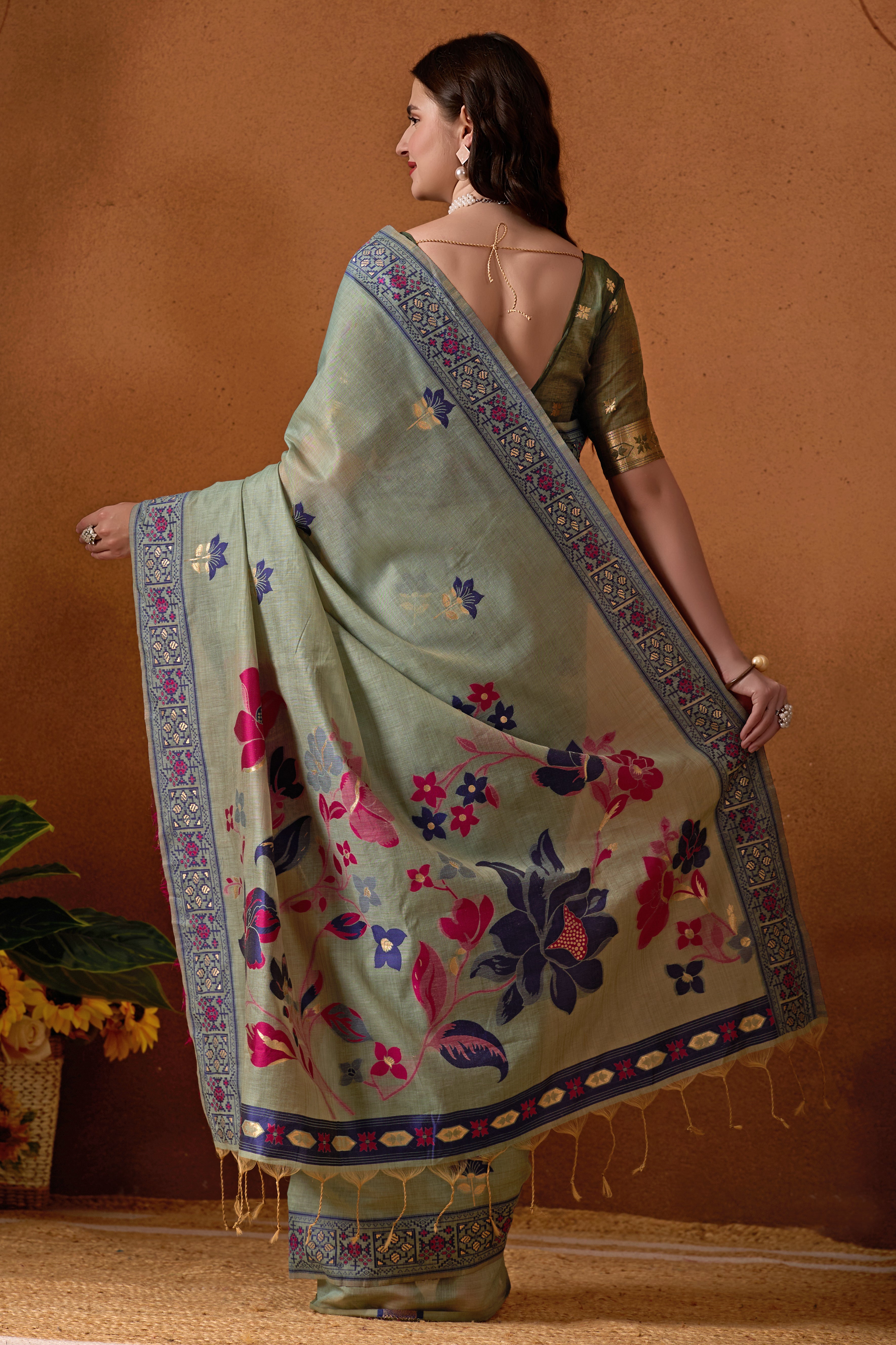 Woven Design Ethic Motif Muga Cotton Saree in Green