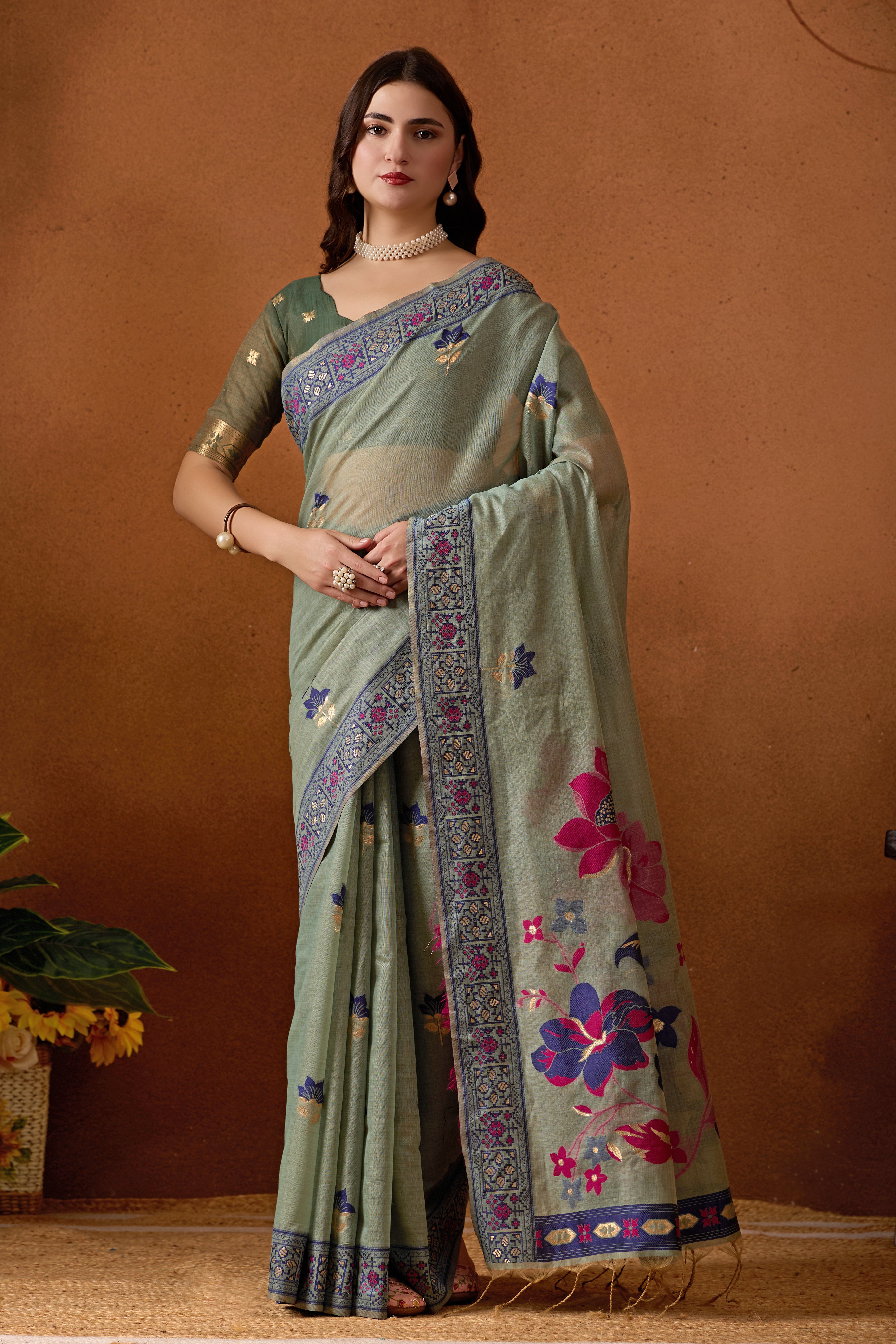 Woven Design Ethic Motif Muga Cotton Saree in Green