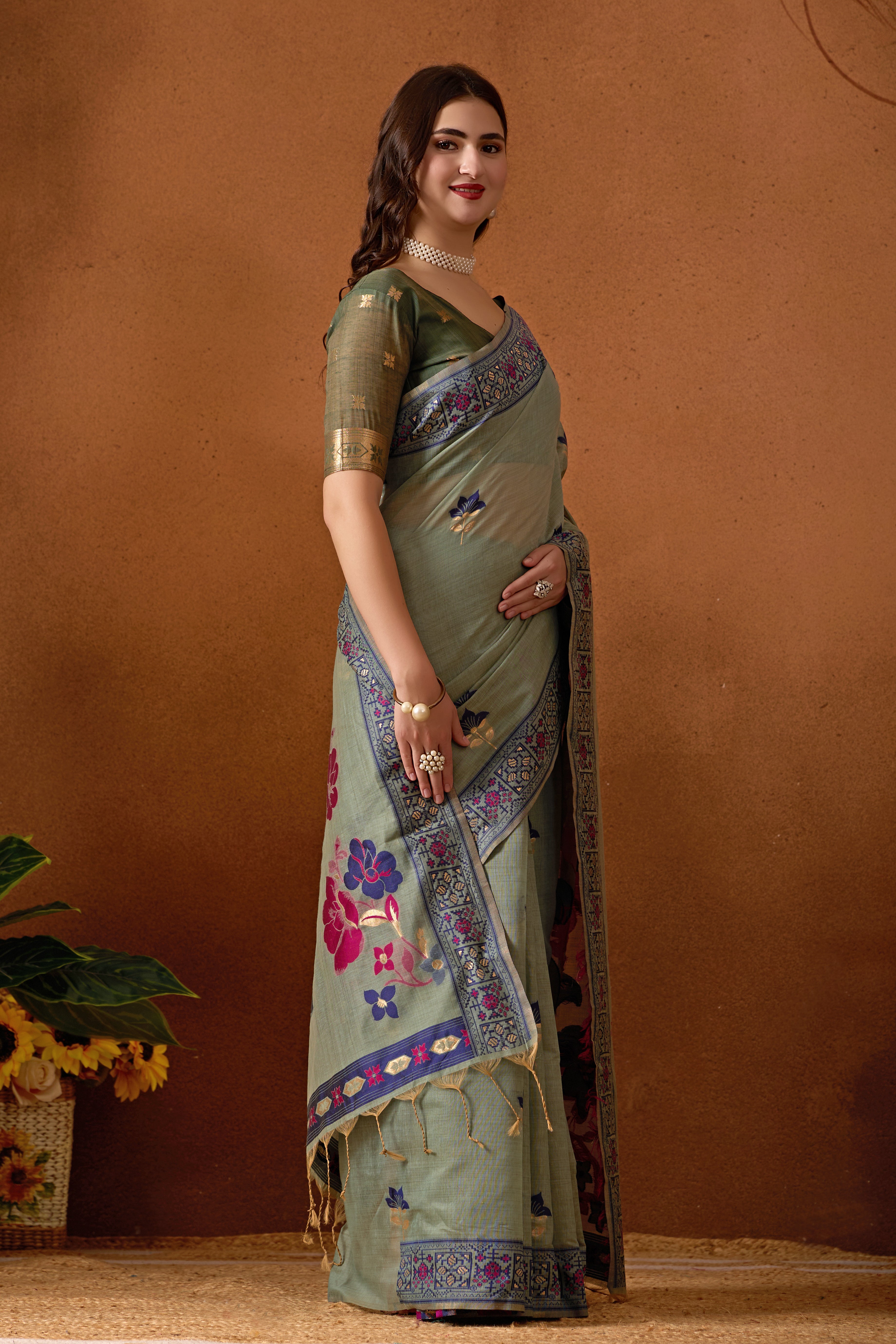 Woven Design Ethic Motif Muga Cotton Saree in Green