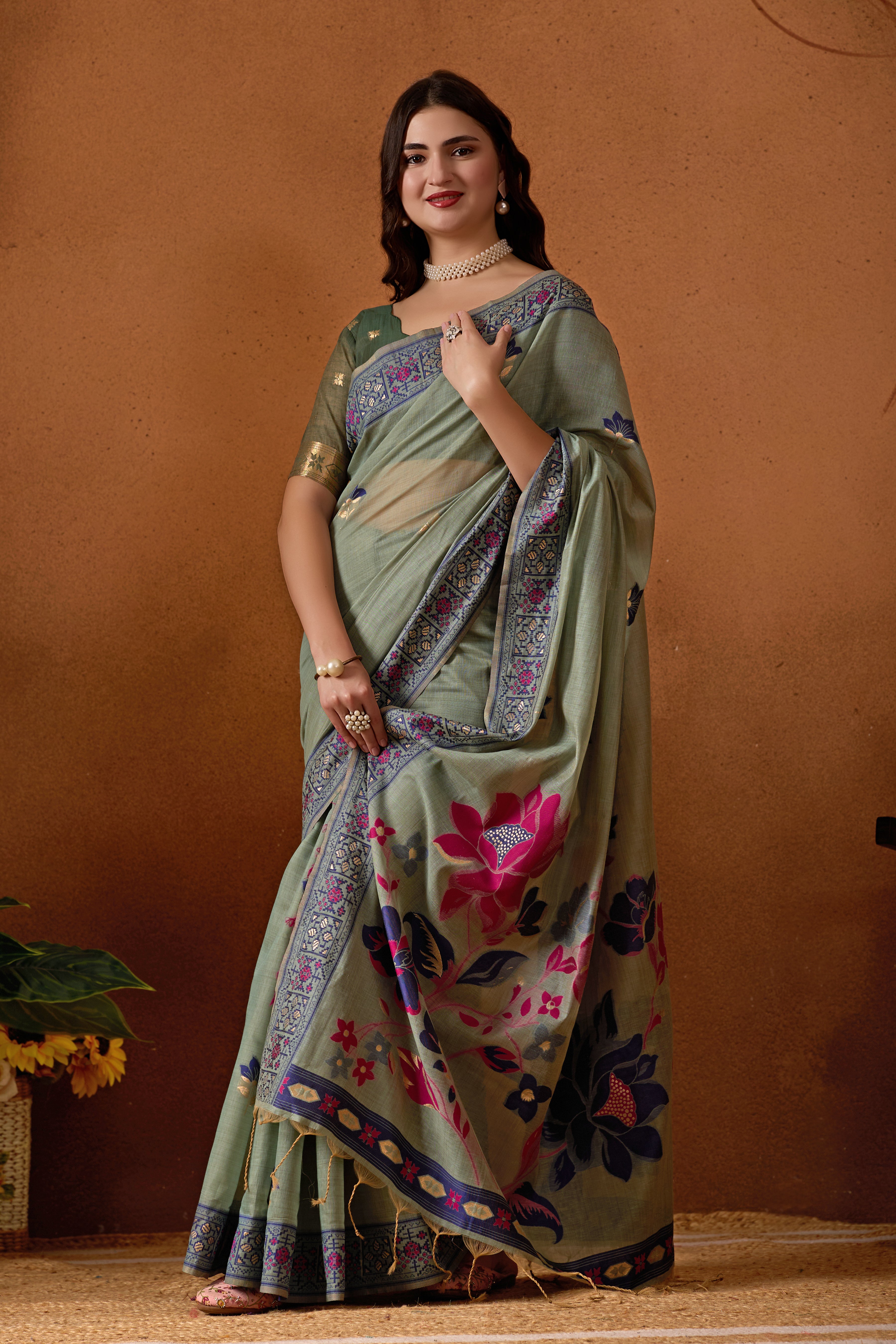 Woven Design Ethic Motif Muga Cotton Saree in Green