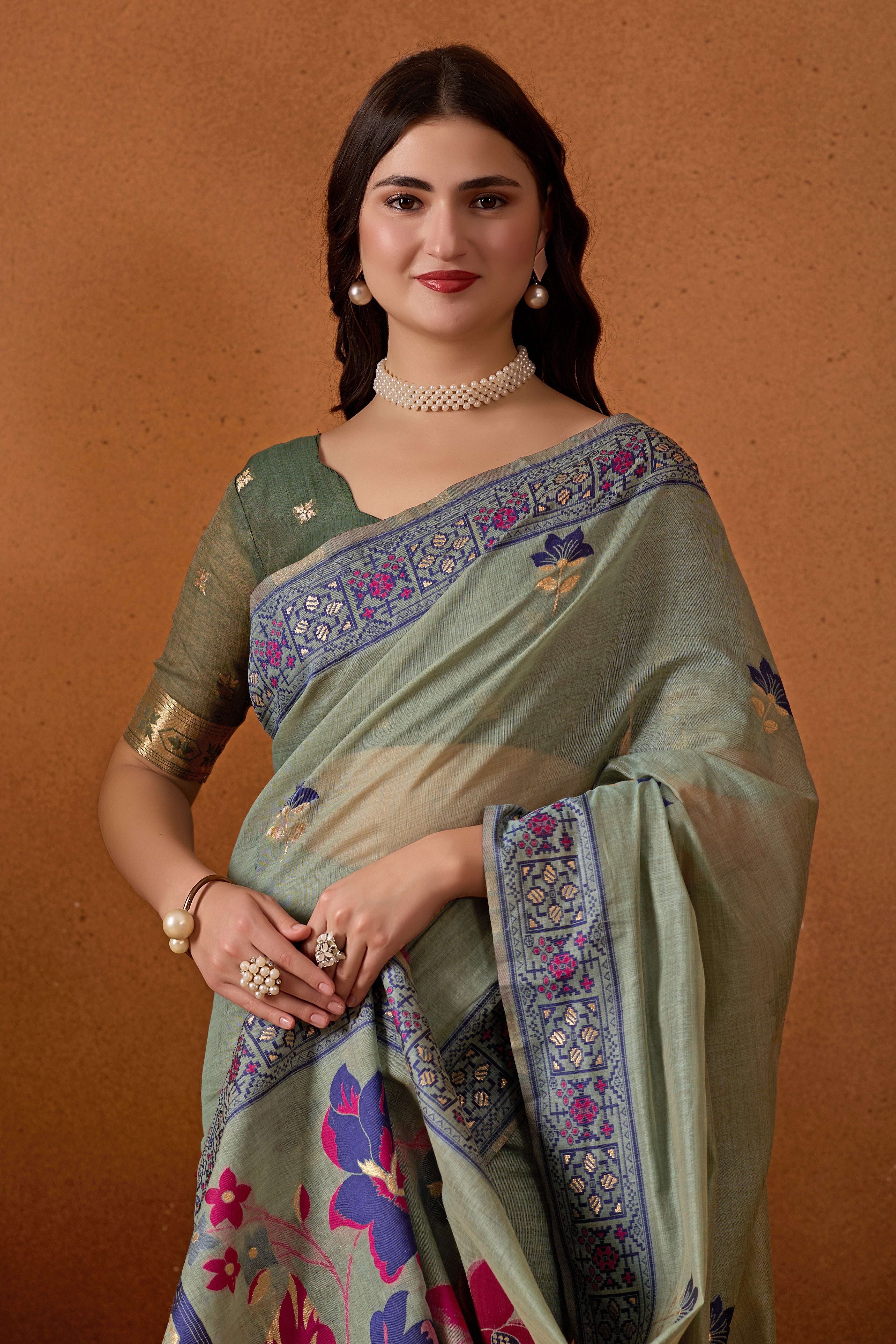 Woven Design Ethic Motif Muga Cotton Saree in Green